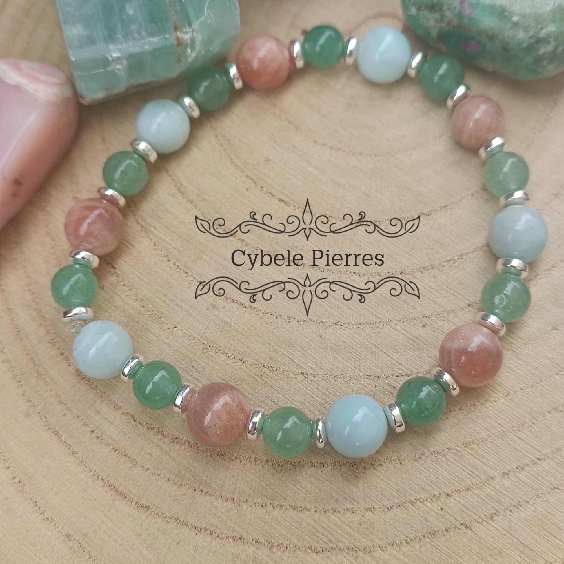 Bracelet Calme serein - Aventurine verte, Larimar et Pierre de Soleil (6 et 8mm ) - 19cm - Cybele Pierres