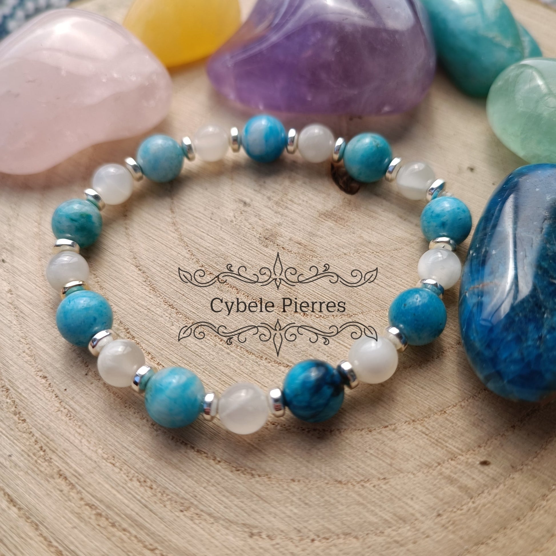 Bracelet Céleste - Hémimorphite et Pierre de lune (6 et 8mm) - 17cm - Cybele Pierres