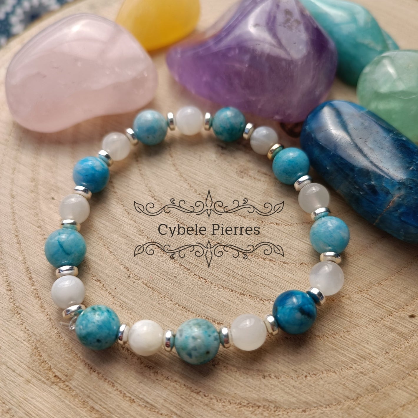 Bracelet Céleste - Hémimorphite et Pierre de lune (6 et 8mm) - 17cm - Cybele Pierres