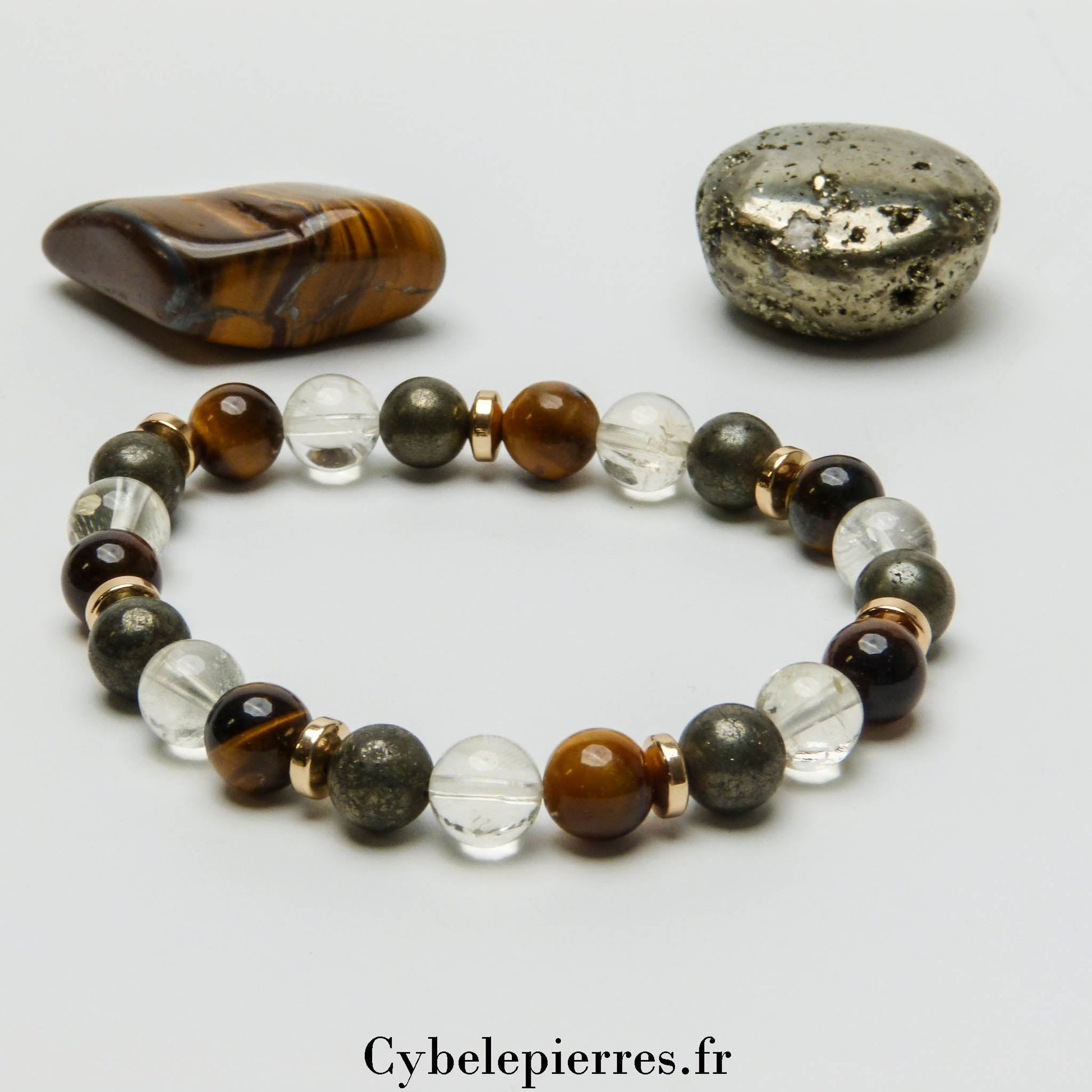 Bracelet Chance - Oeil de tigre, Citrine et Pyrite (8mm) - Cybele Pierres