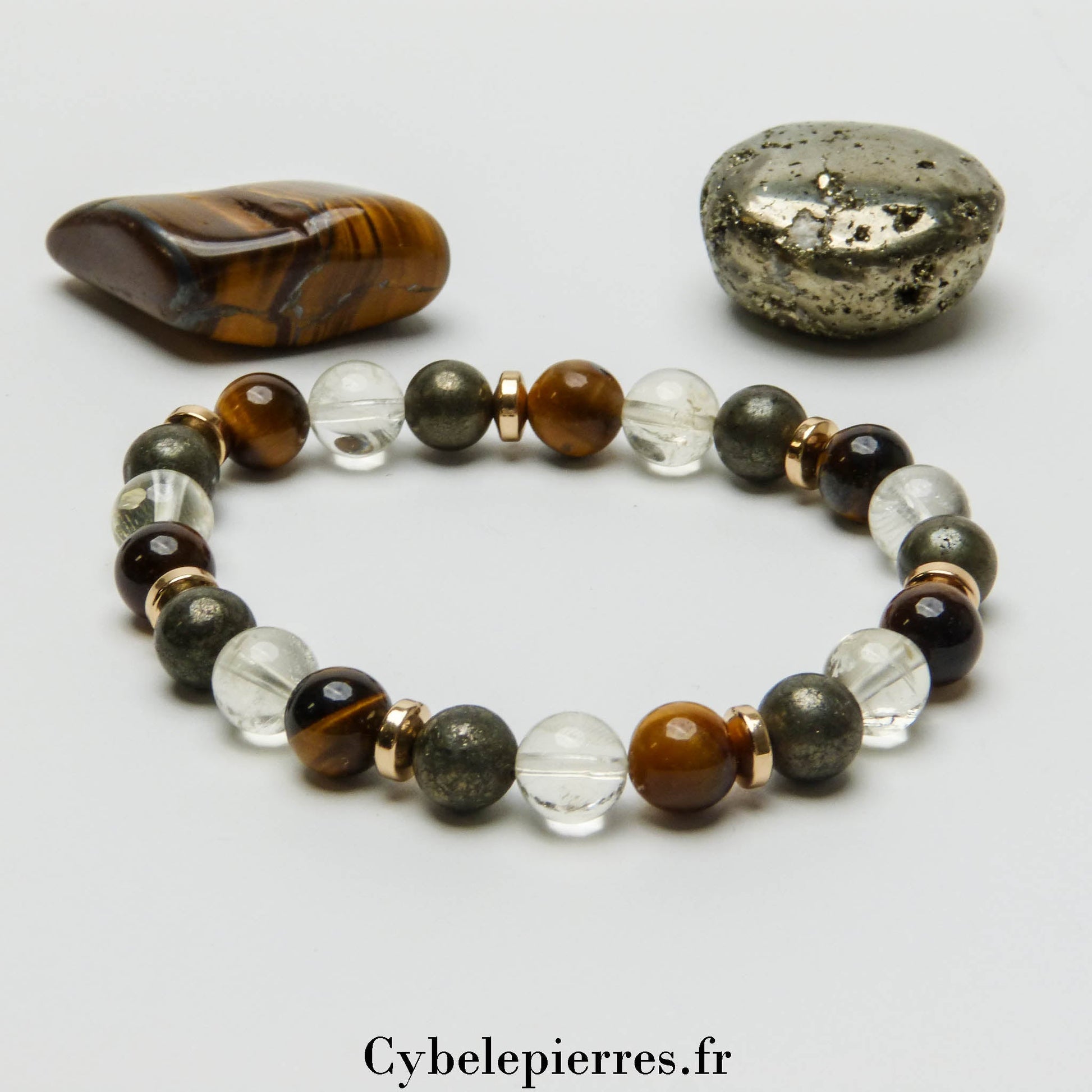 Bracelet Chance - Oeil de tigre, Citrine et Pyrite (8mm) - Cybele Pierres