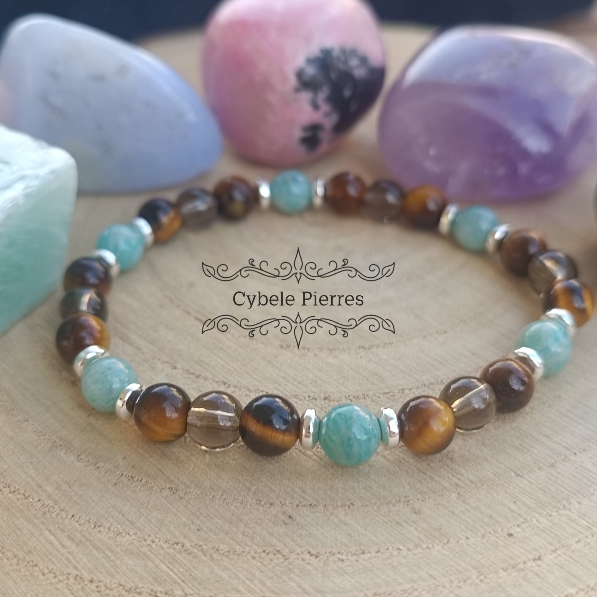Bracelet Clair de Lune - Amazonite, Quartz fumé et Oeil de tigre (6mm) - 17cm - Cybele Pierres