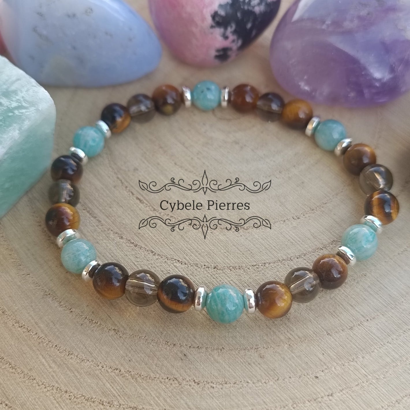 Bracelet Clair de Lune - Amazonite, Quartz fumé et Oeil de tigre (6mm) - 17cm - Cybele Pierres