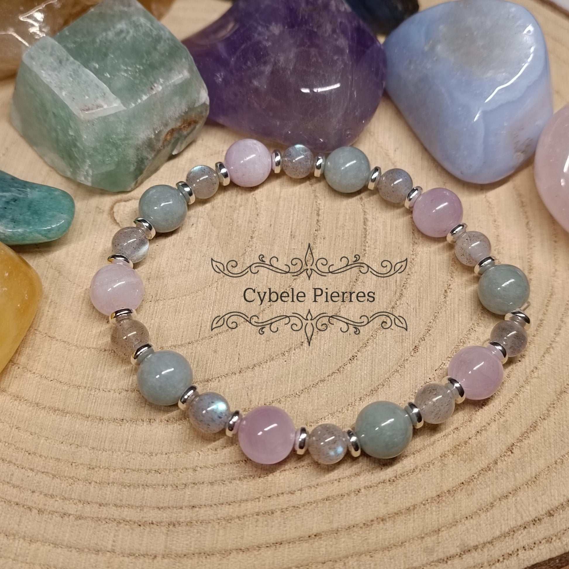 Bracelet Cocooning : Labradorite, Kunzite et Jade de Birmanie (6 et 8mm) - 18cm - Cybele Pierres