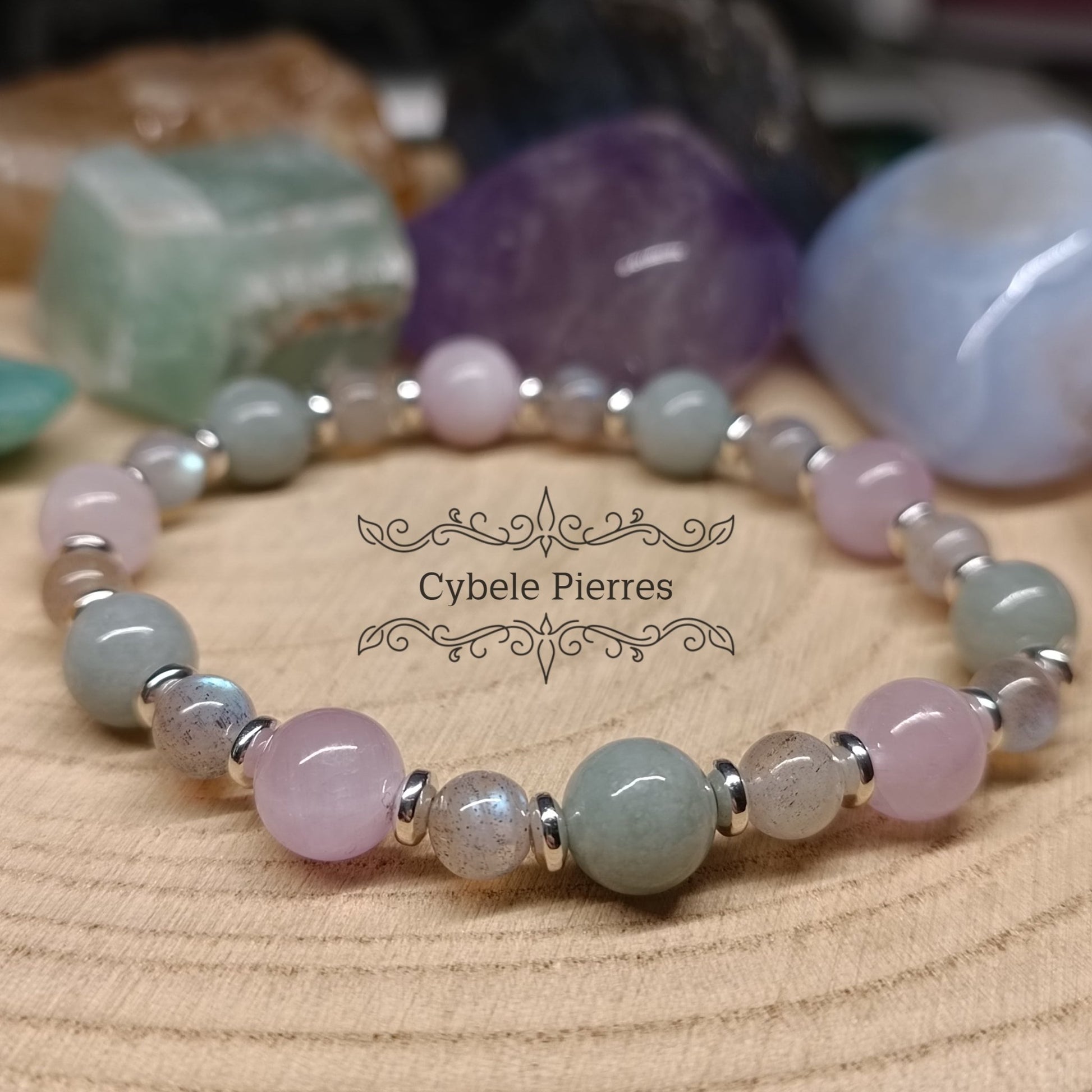 Bracelet Cocooning : Labradorite, Kunzite et Jade de Birmanie (6 et 8mm) - 18cm - Cybele Pierres