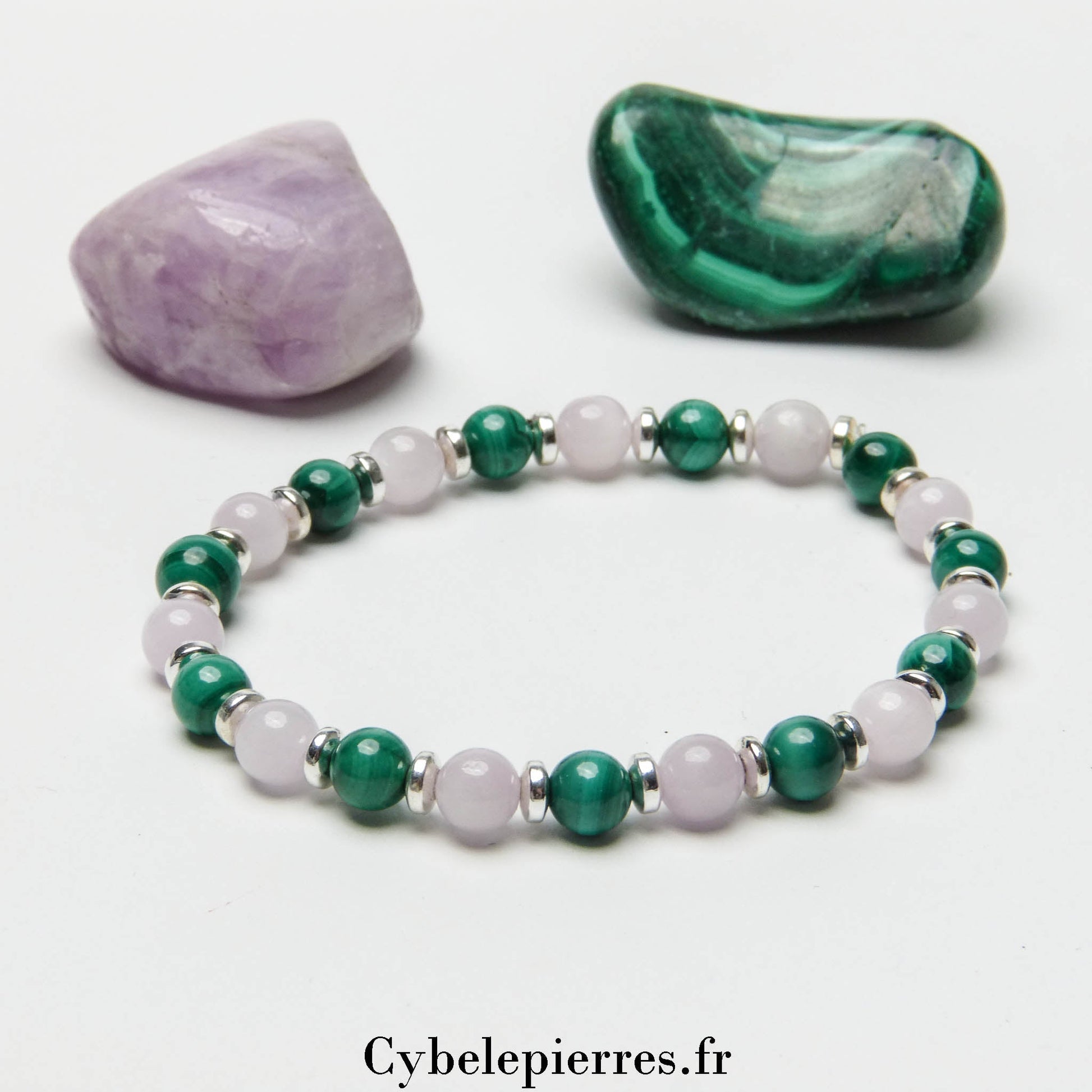 Bracelet Coeur Brillant - Malachite et kunzite (6mm) - 18cm - Cybele Pierres