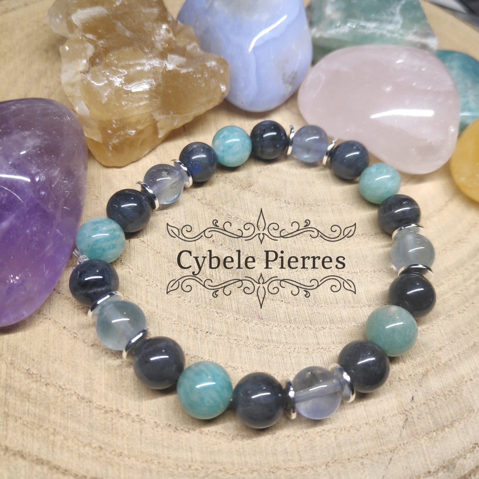 Bracelet Communication et Créativité - Amazonite, Labradorite et Fluorite(8mm) - 18cm - Cybele Pierres