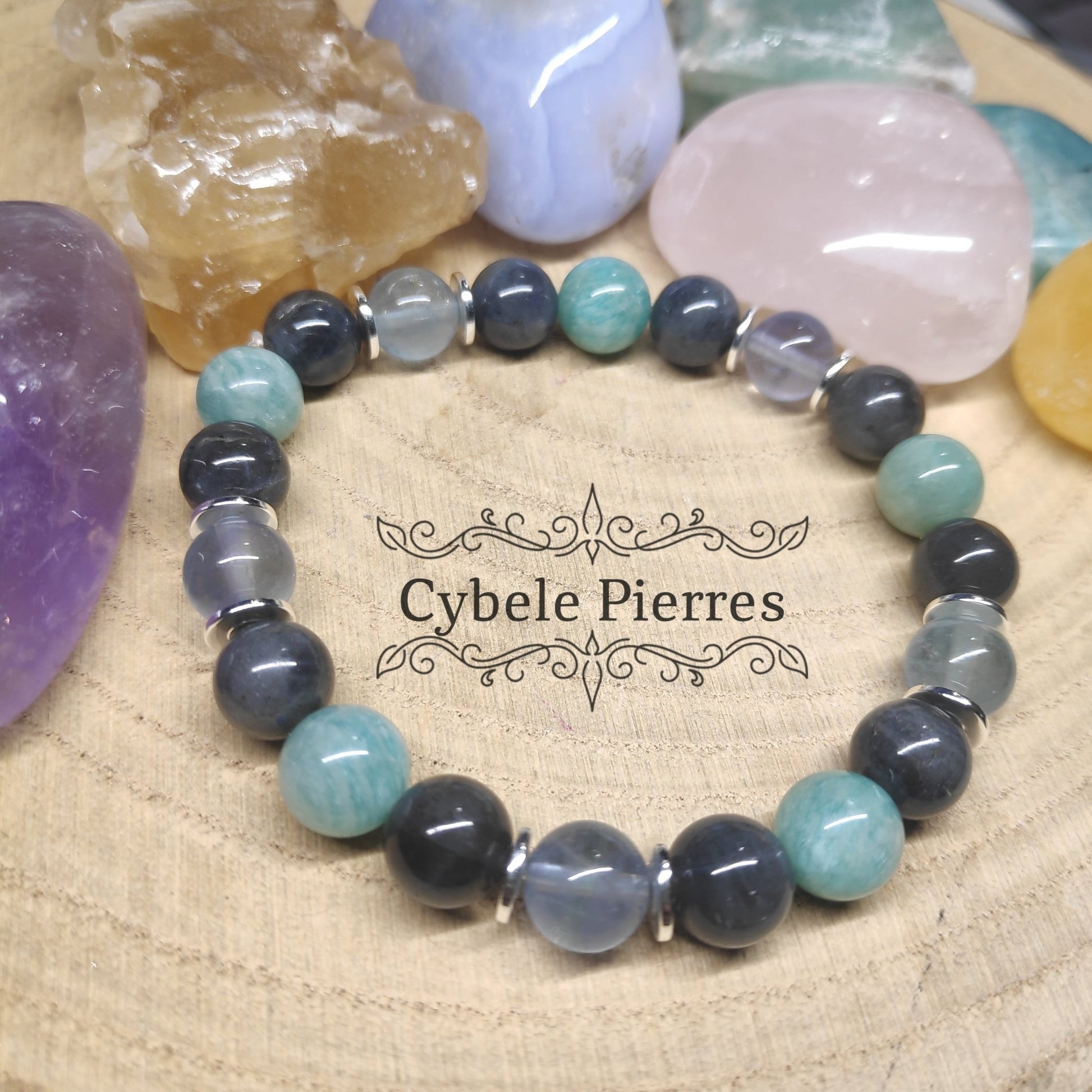 Bracelet Communication et Créativité - Amazonite, Labradorite et Fluorite(8mm) - 18cm - Cybele Pierres