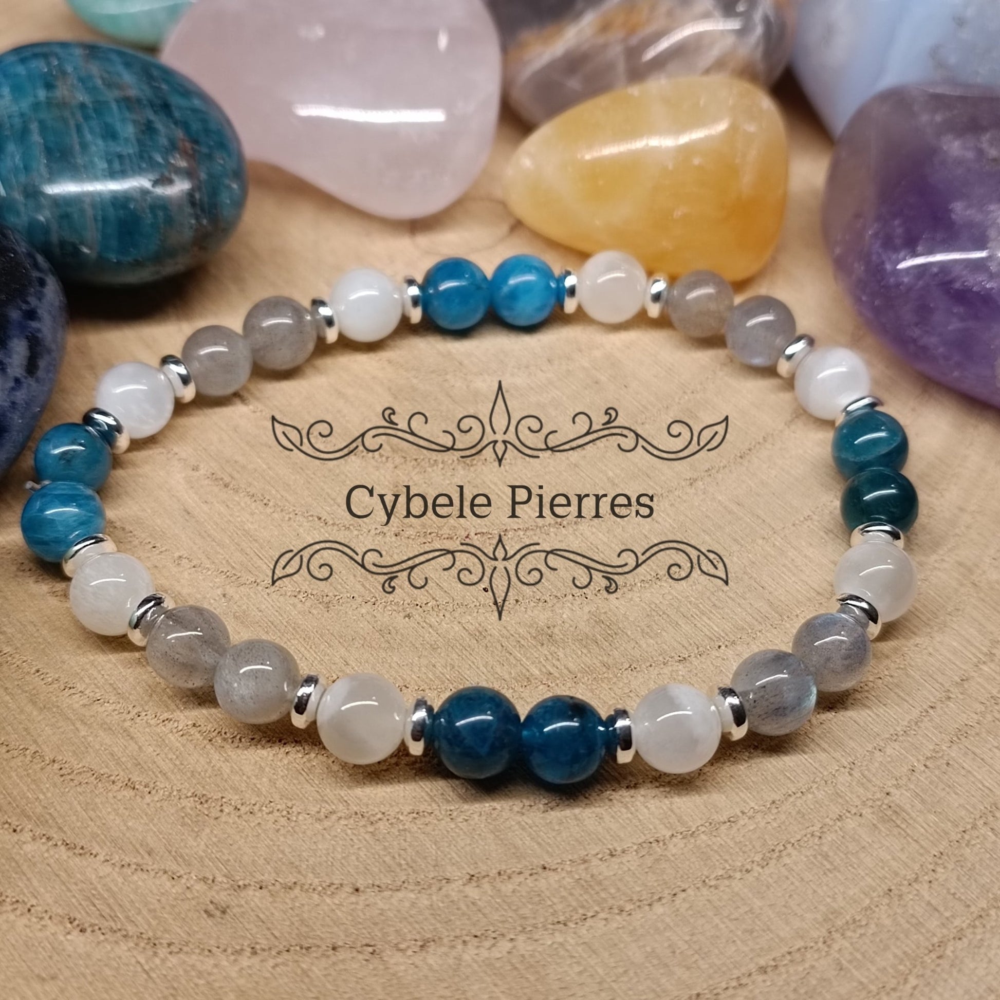 Bracelet Communication et Intuition - Apatite bleue, Pierre de lune et Labradorite (6mm) - 18cm - Cybele Pierres