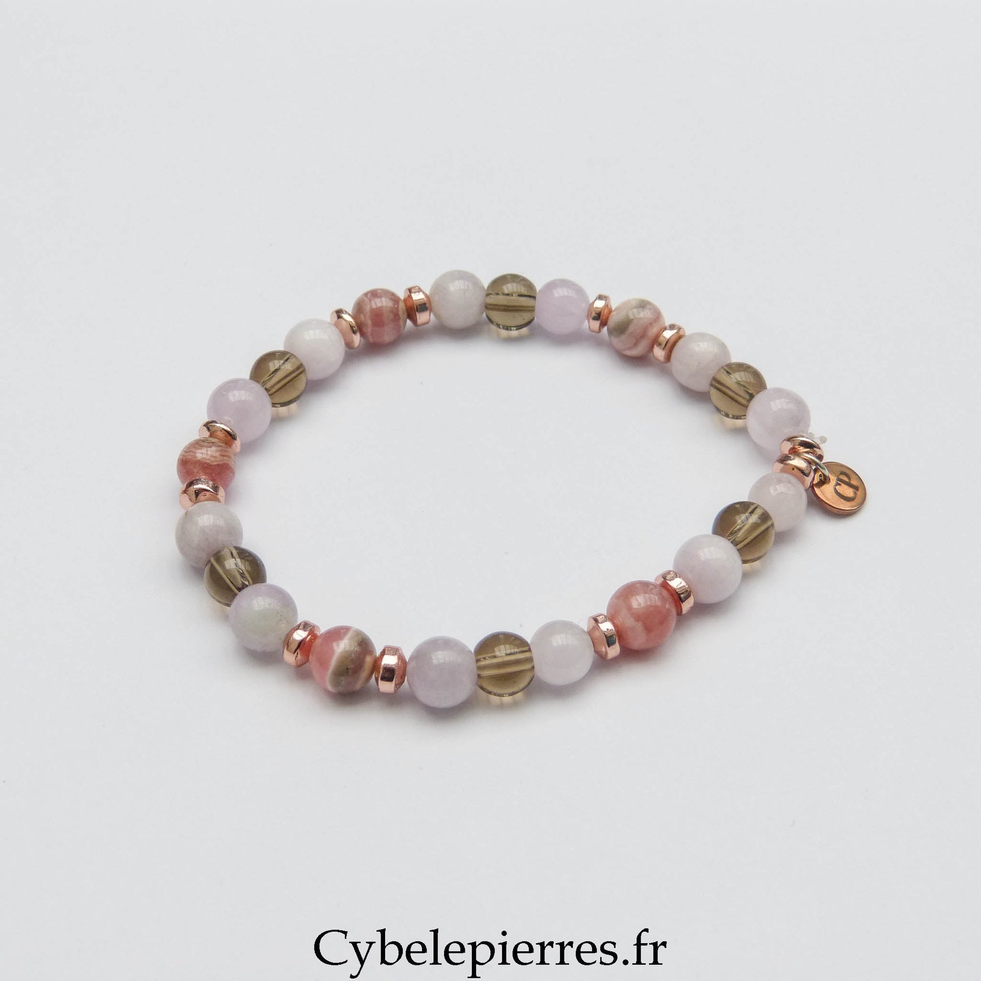 Bracelet Contrôle – Kunzite, Rhodochrosite et Quartz Fumé (5 - 6mm) – 17 cm | Ancrage & Équilibre - Cybele Pierres