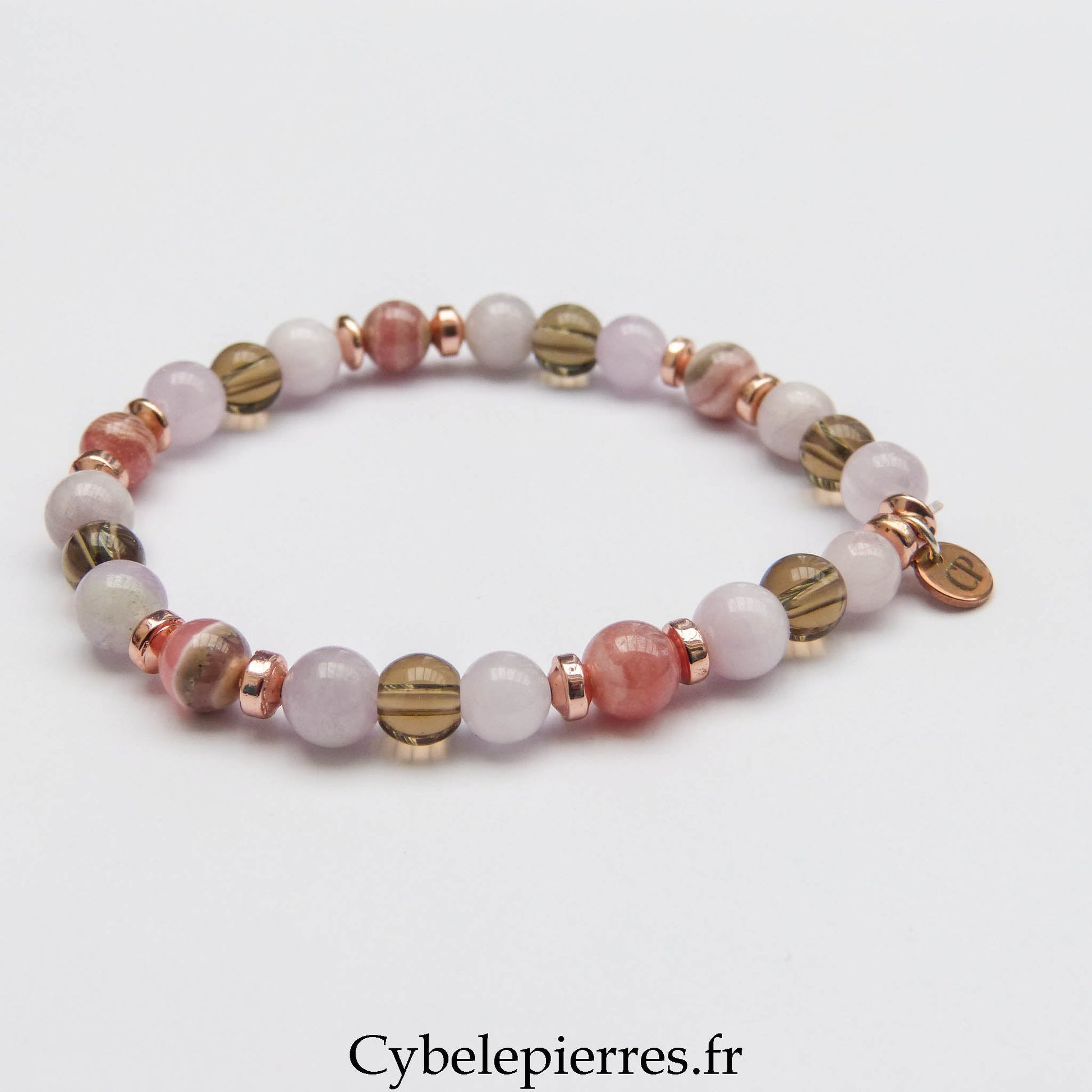 Bracelet Contrôle – Kunzite, Rhodochrosite et Quartz Fumé (5 - 6mm) – 17 cm | Ancrage & Équilibre - Cybele Pierres