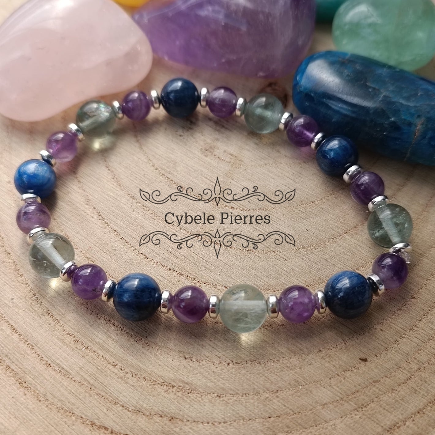 Bracelet Cyanite, Améthyste et Fluorine bleue (6mm et 8mm) - 19cm - Cybele Pierres