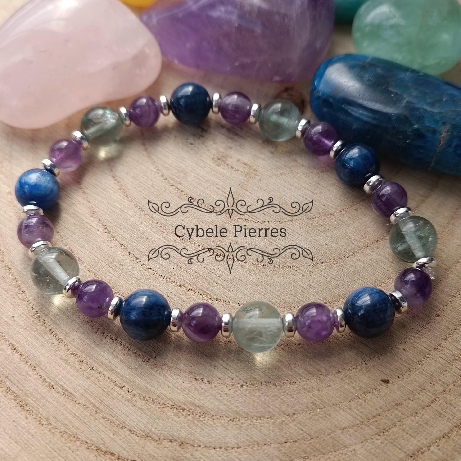 Bracelet Cyanite, Améthyste et Fluorine bleue (6mm et 8mm) - 19cm - Cybele Pierres