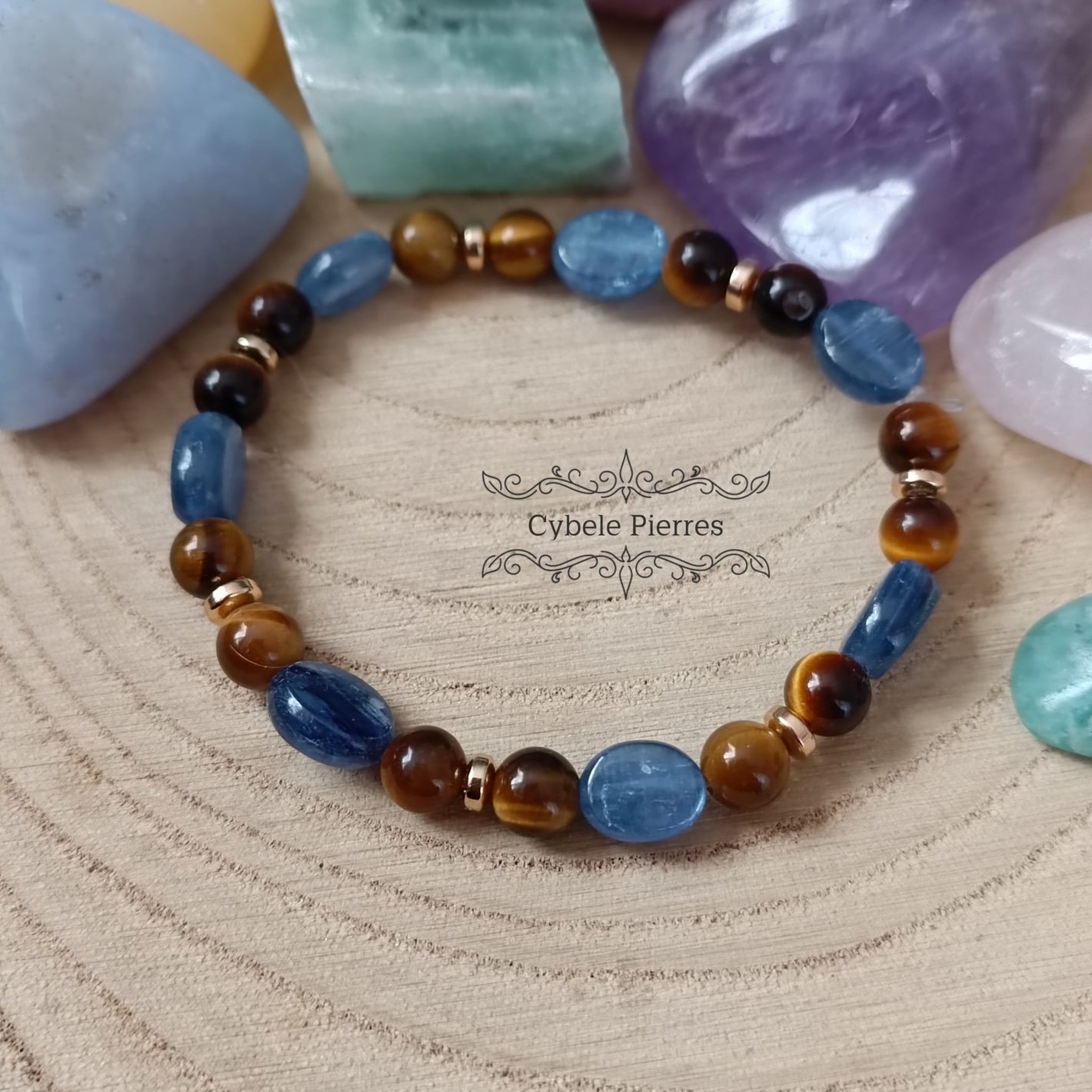 Bracelet Cyanite et Oeil de tigre (8 et 6mm) - 17cm - Cybele Pierres