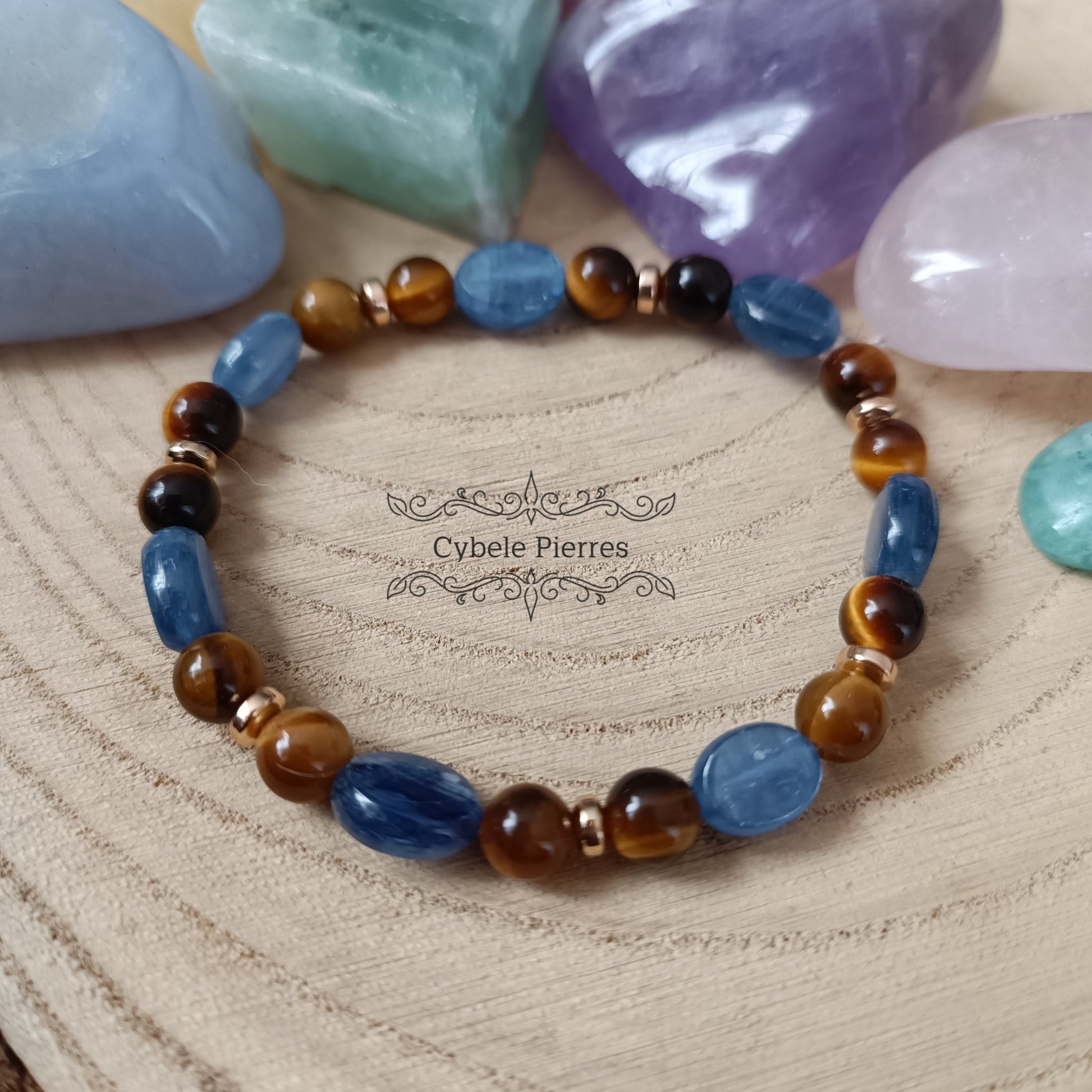 Bracelet Cyanite et Oeil de tigre (8 et 6mm) - 17cm - Cybele Pierres