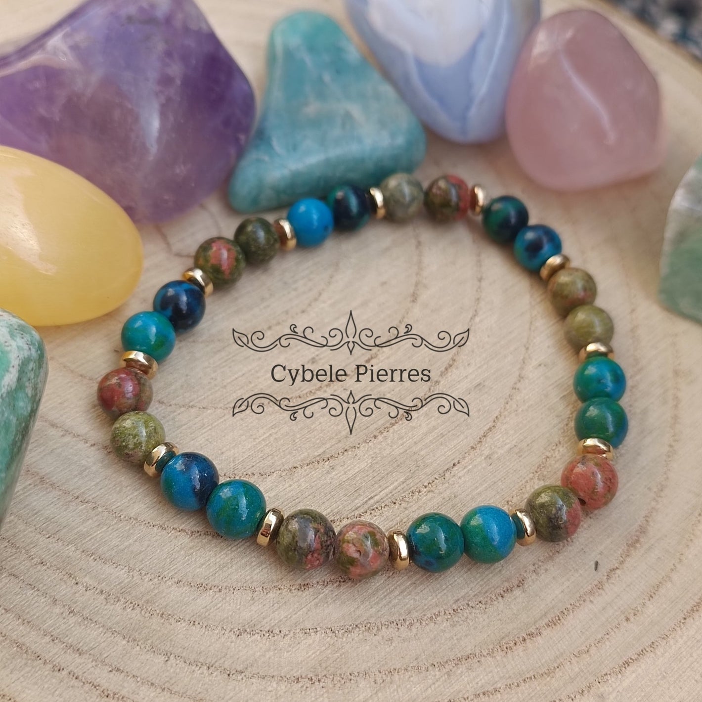 Bracelet Déblocage des tensions - Chrysocolle et Unakite (6mm) - 17cm - Cybele Pierres