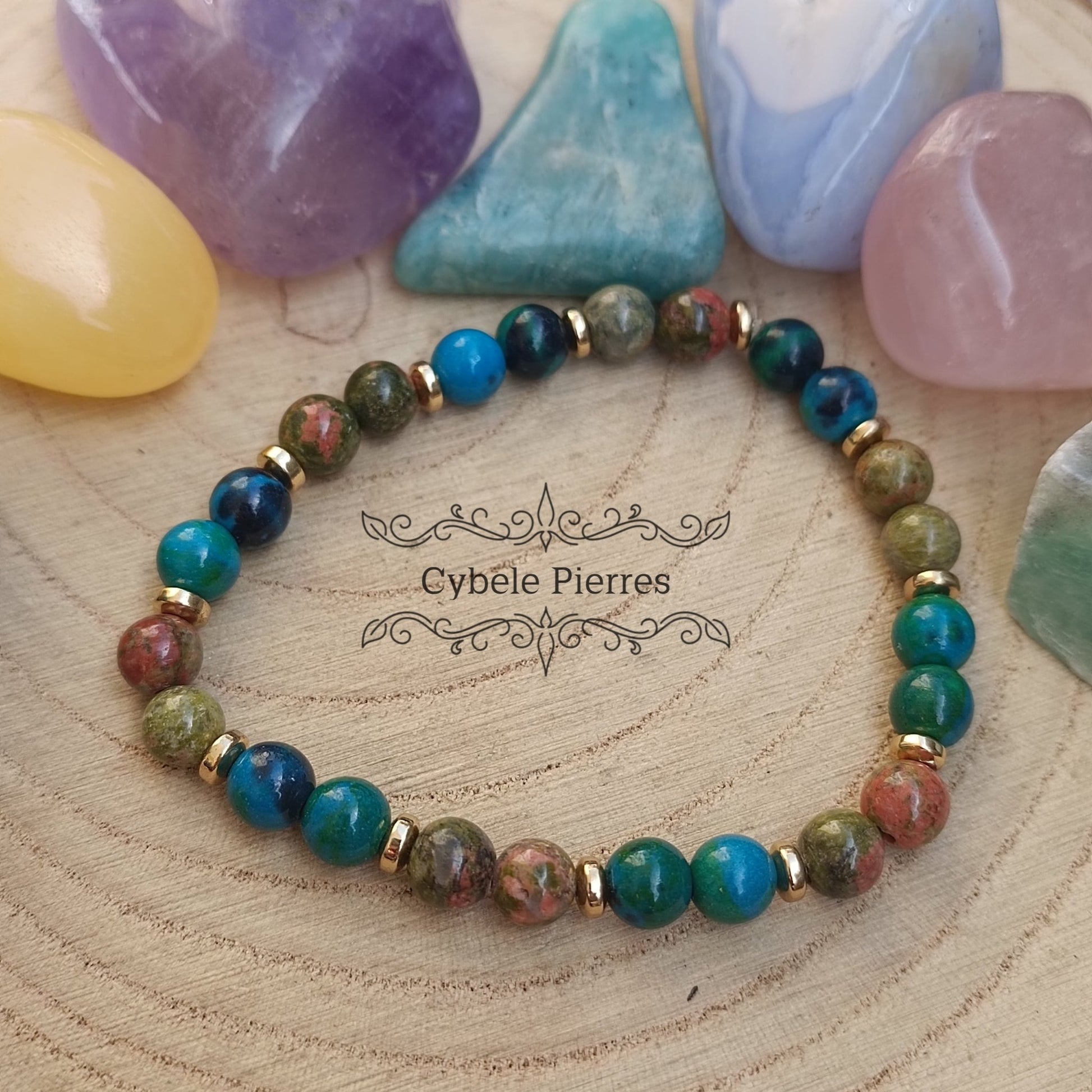 Bracelet Déblocage des tensions - Chrysocolle et Unakite (6mm) - 17cm - Cybele Pierres