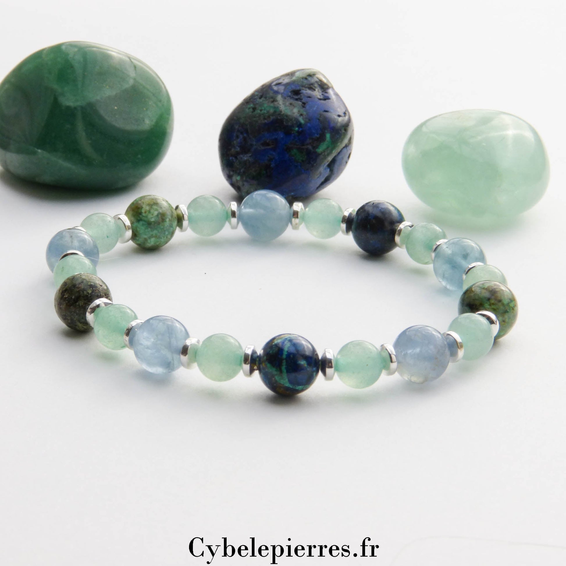 Bracelet détente suprême - fluorine bleue, aventurine verte et Chrysocolle (6 et 8mm) - 19cm - Cybele Pierres