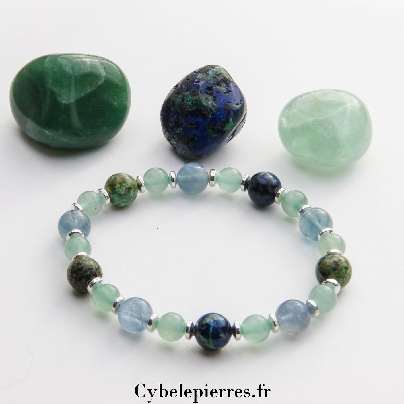 Bracelet détente suprême - fluorine bleue, aventurine verte et Chrysocolle (6 et 8mm) - 19cm - Cybele Pierres