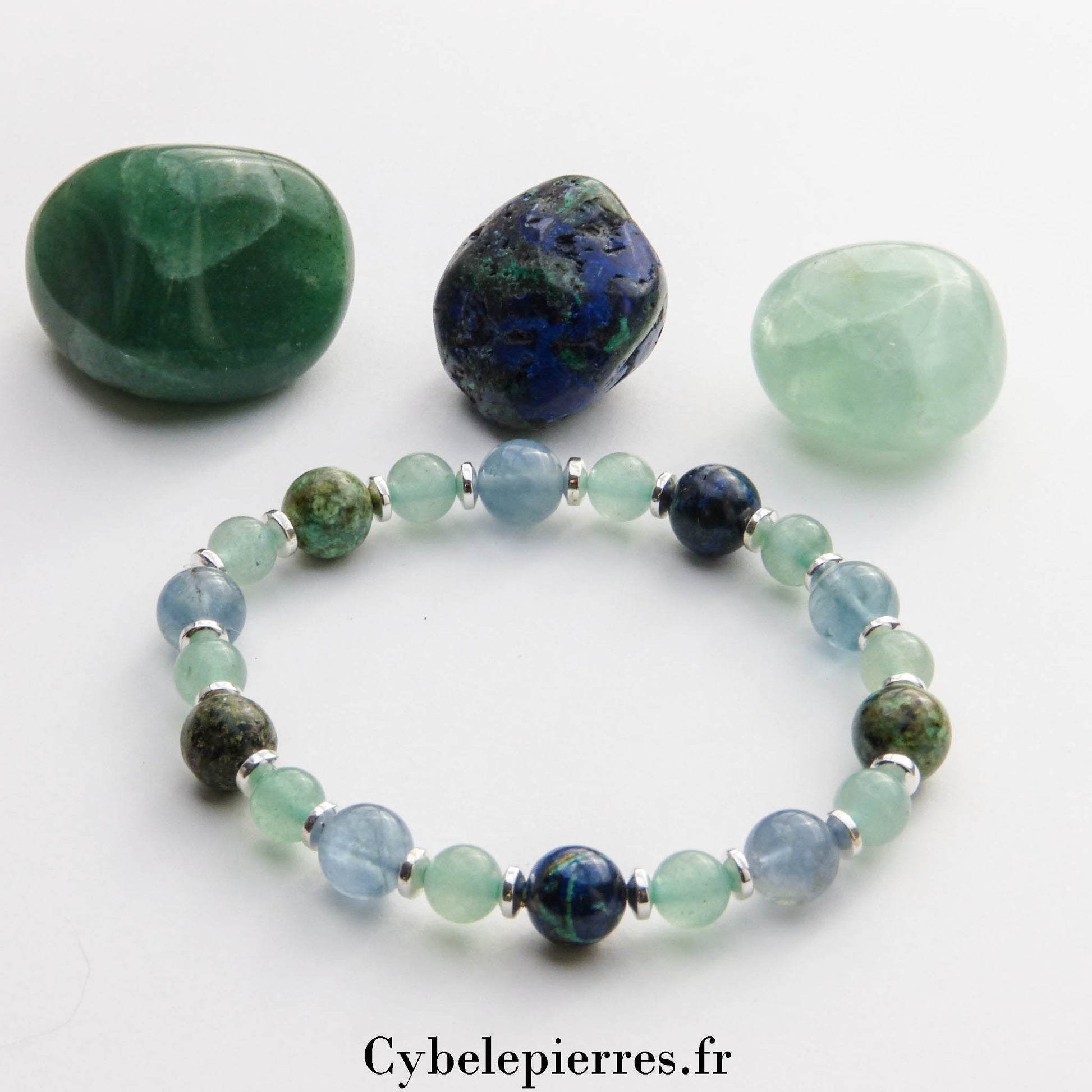 Bracelet détente suprême - fluorine bleue, aventurine verte et Chrysocolle (6 et 8mm) - 19cm - Cybele Pierres