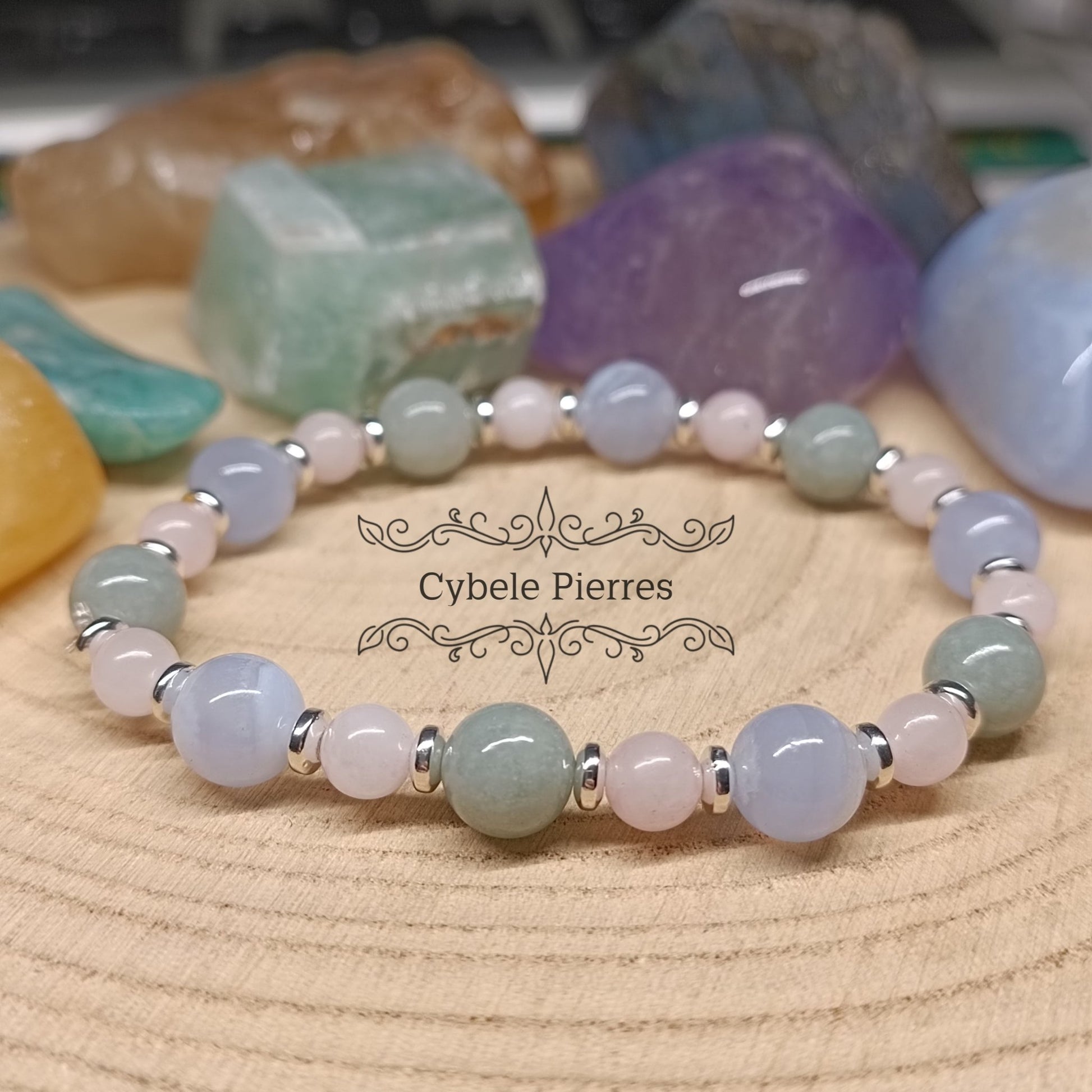 Bracelet Douce émotion : Quartz rose, Calcédoine bleue et Jade de Birmanie (6 et 8mm) - 18cm - Cybele Pierres