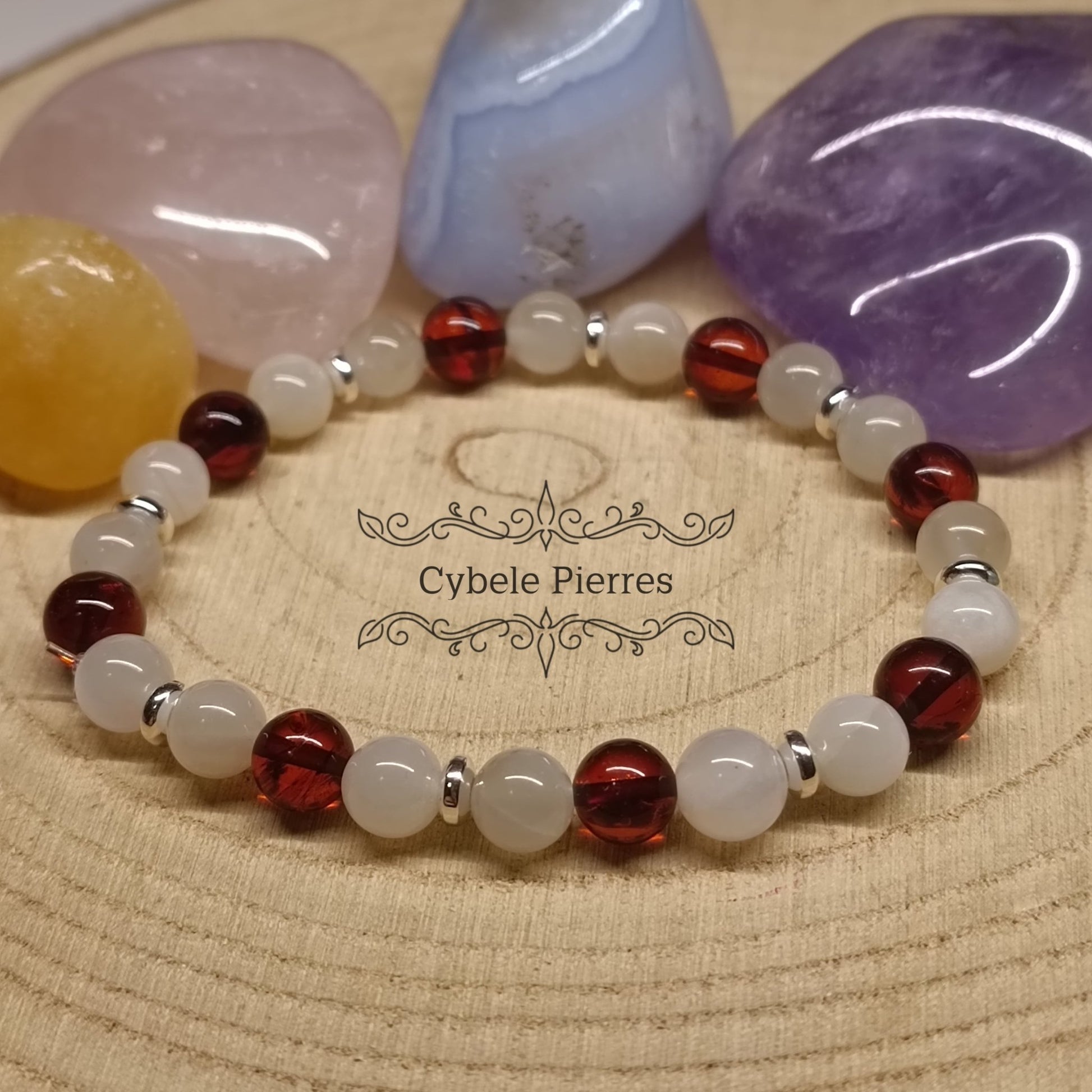Bracelet Douce Equilibre - Ambre et Pierre de Lune blanche (6mm) - 17cm - Cybele Pierres