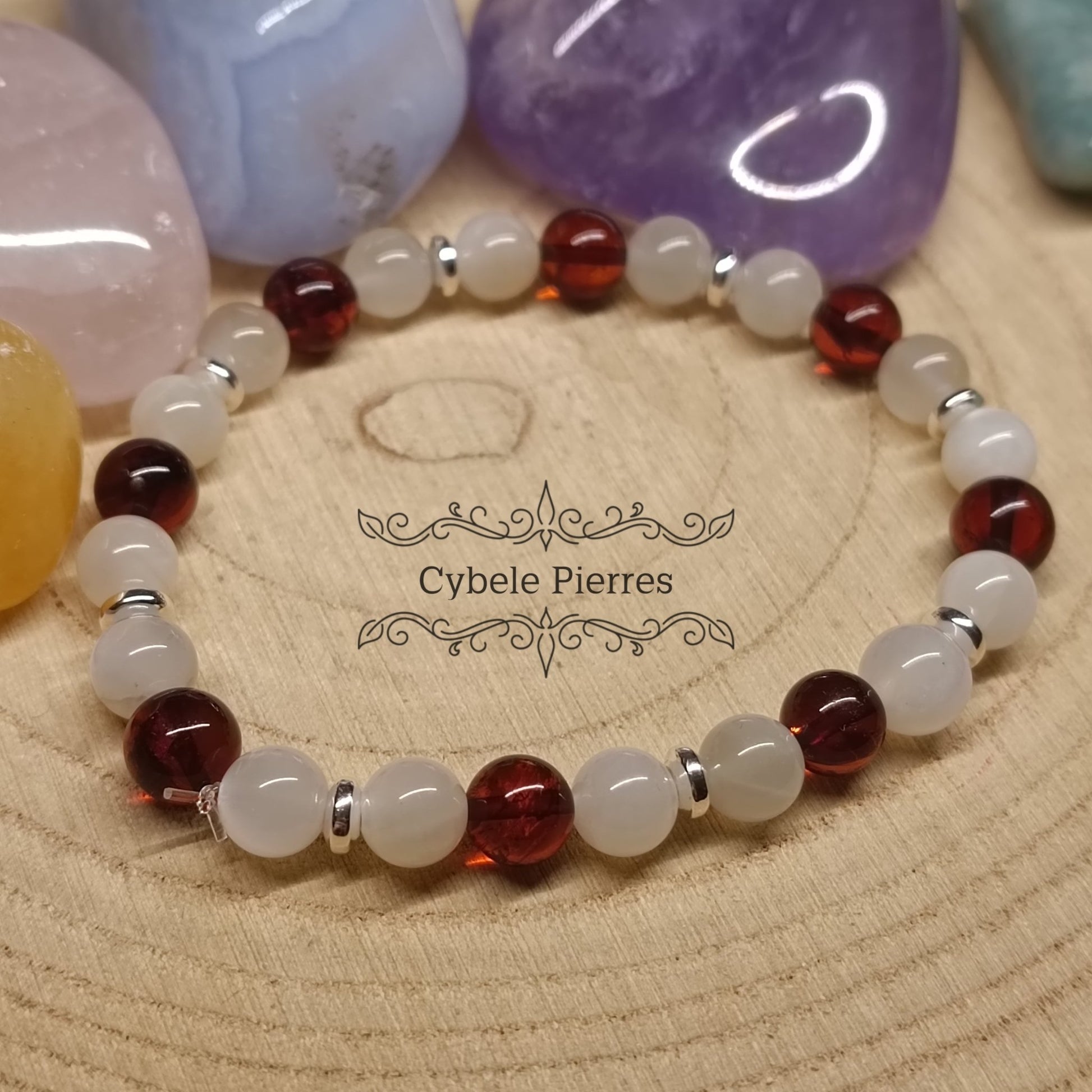 Bracelet Douce Equilibre - Ambre et Pierre de Lune blanche (6mm) - 17cm - Cybele Pierres