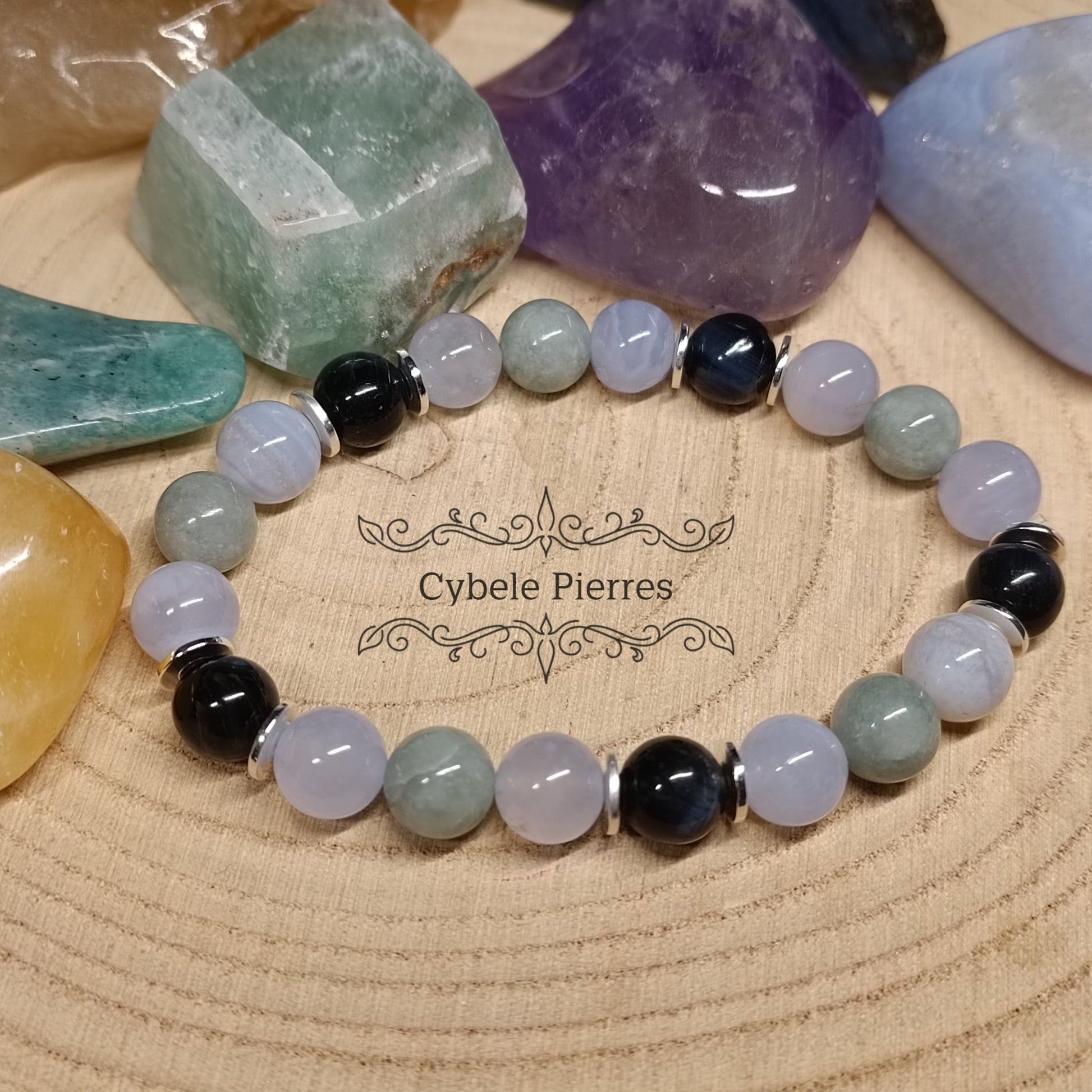 Bracelet Douce Perception :Oeil de Faucon, Calcédoine bleue et Jade de Birmanie (8mm) - 18cm - Cybele Pierres