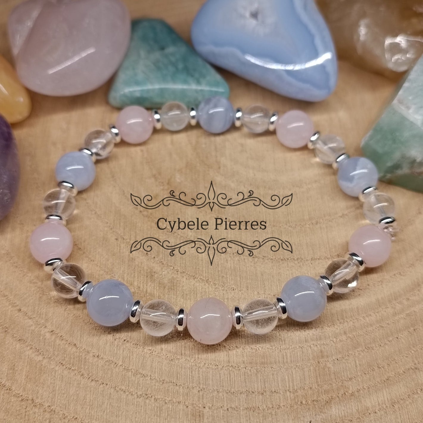 Bracelet Douceur et apaisement - Quartz rose, Cristal de roche et Calcédoine bleue (6 et 8mm) - 19cm - Cybele Pierres