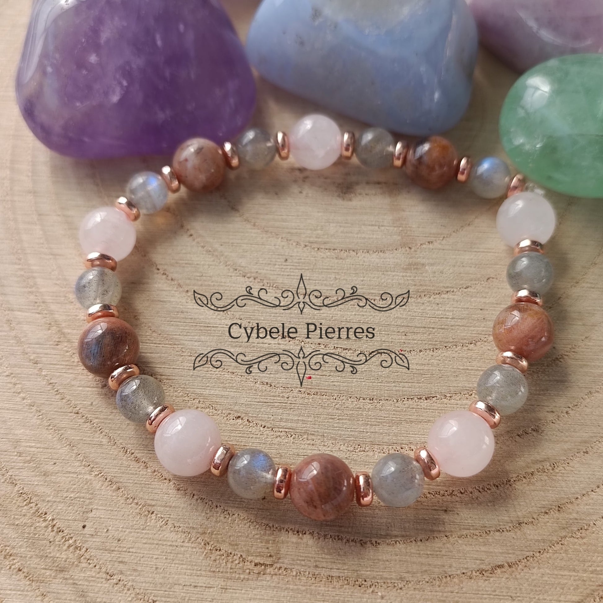 Bracelet Douceur et tendresse - Quartz rose, labradorite et Pierre de Lune (6 et 8mm) - 18cm - Cybele Pierres