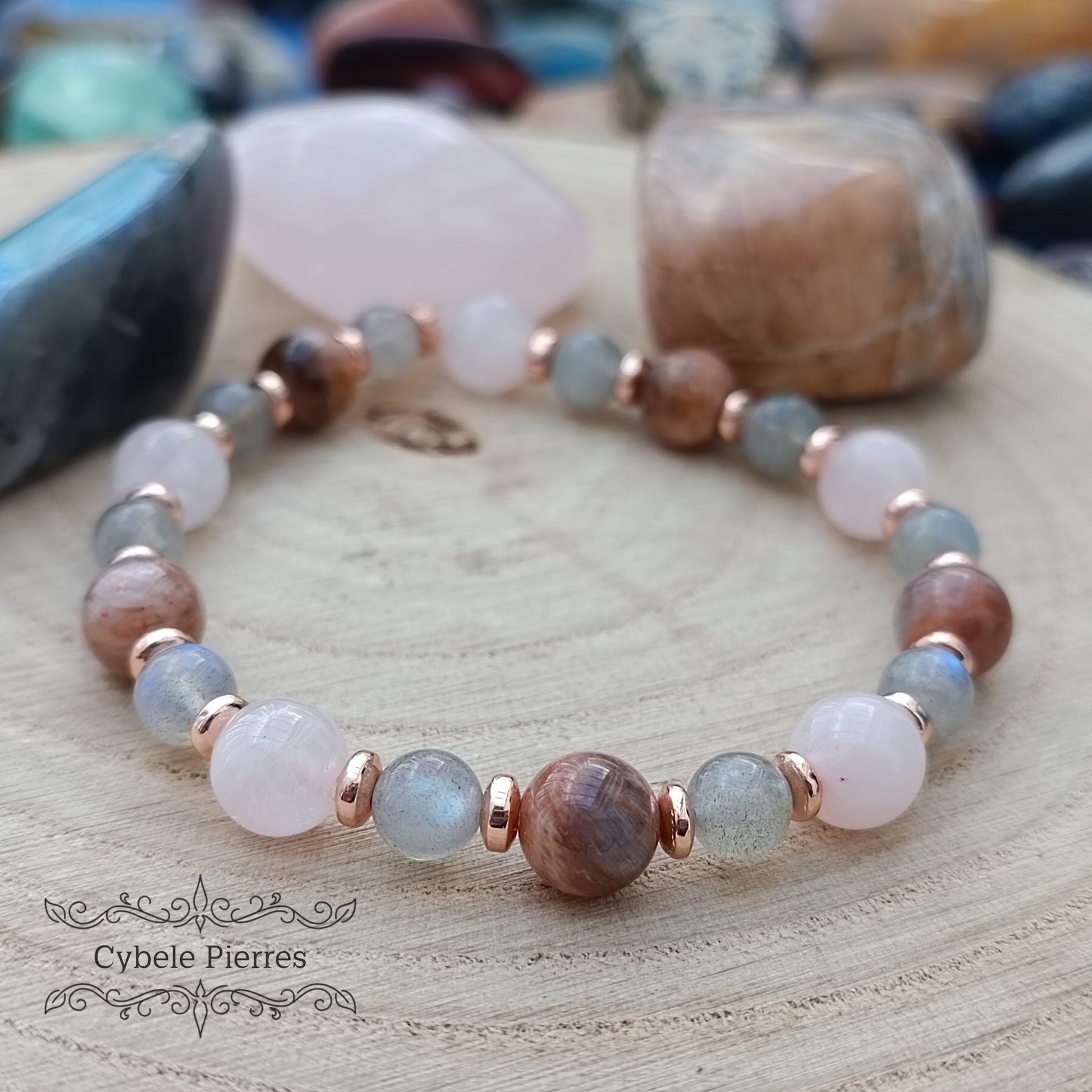 Bracelet Douceur et tendresse - Quartz rose, labradorite et Pierre de Lune (6 et 8mm) - 18cm - Cybele Pierres