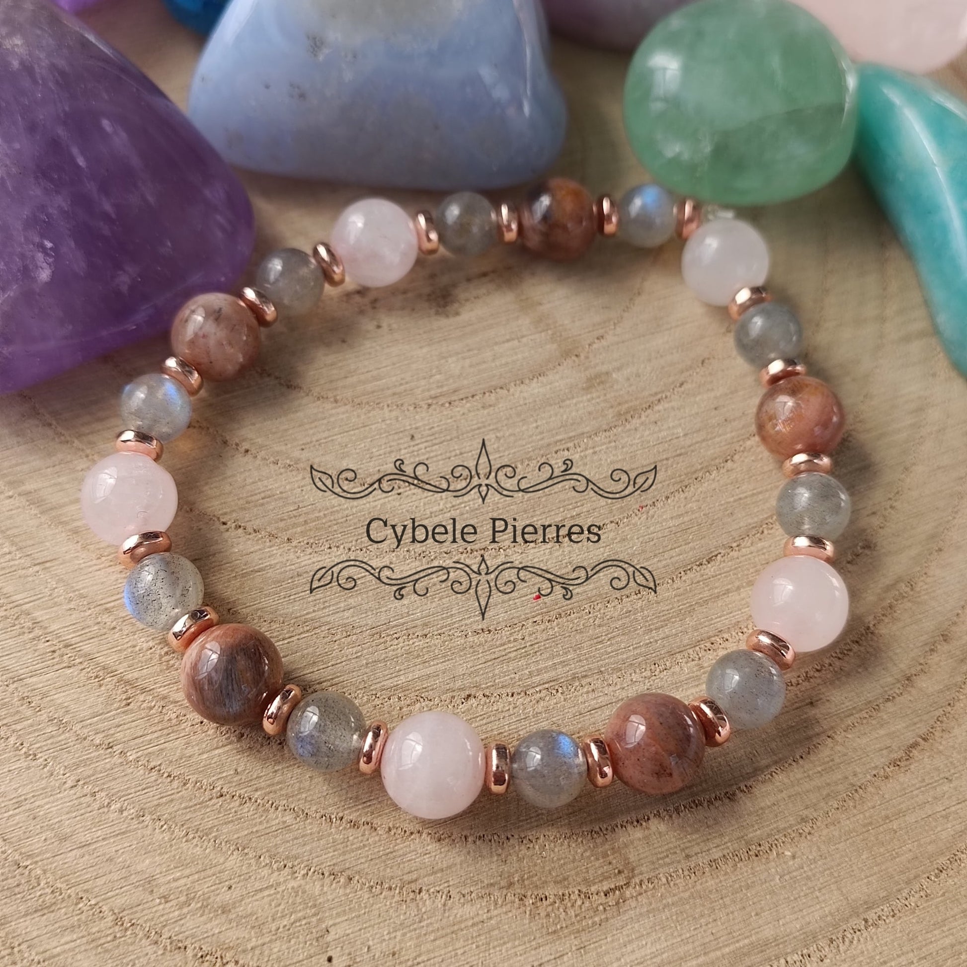 Bracelet Douceur et tendresse - Quartz rose, labradorite et Pierre de Lune (6 et 8mm) - 18cm - Cybele Pierres