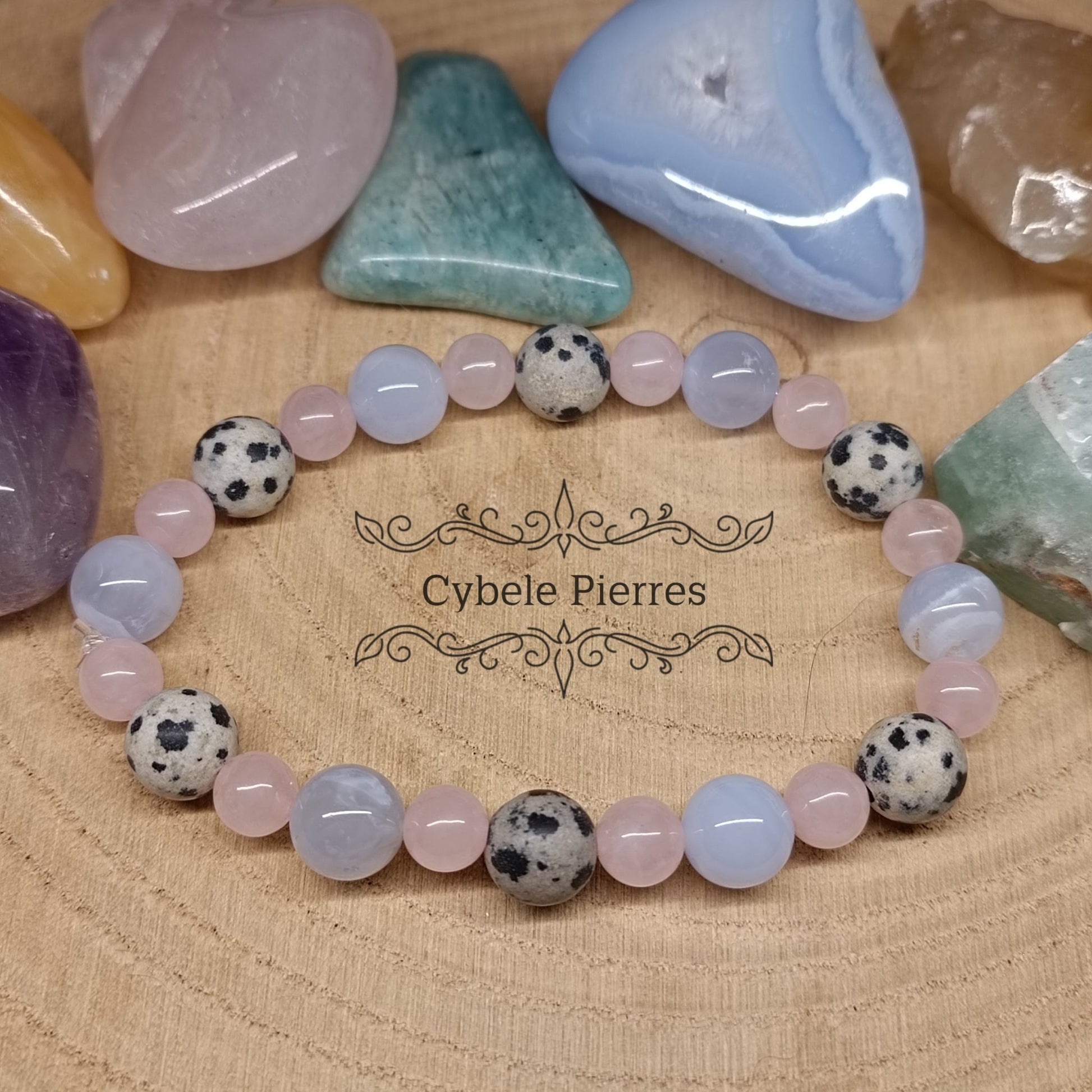 Bracelet Douceur extrême - Quartz rose, Jaspe Dalmatien et Calcédoine bleue (6 et 8mm) - 18cm - Cybele Pierres