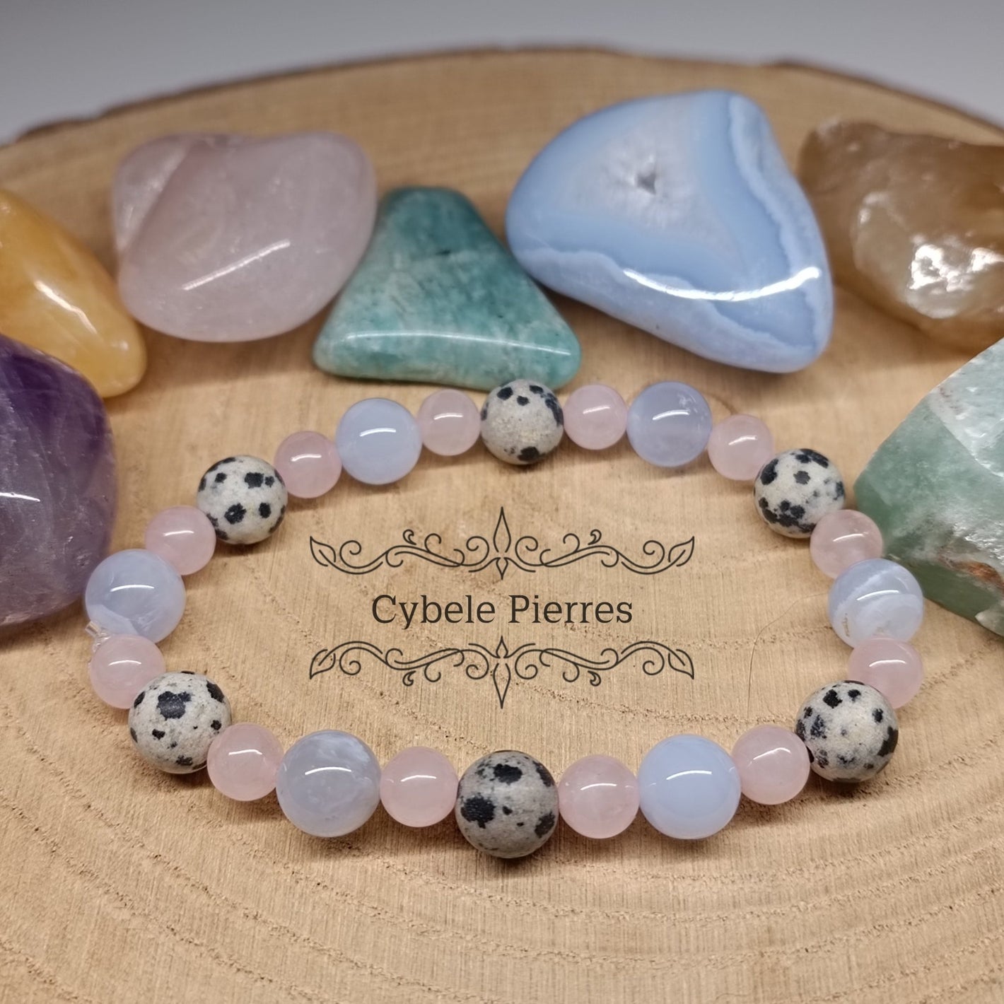 Bracelet Douceur extrême - Quartz rose, Jaspe Dalmatien et Calcédoine bleue (6 et 8mm) - 18cm - Cybele Pierres