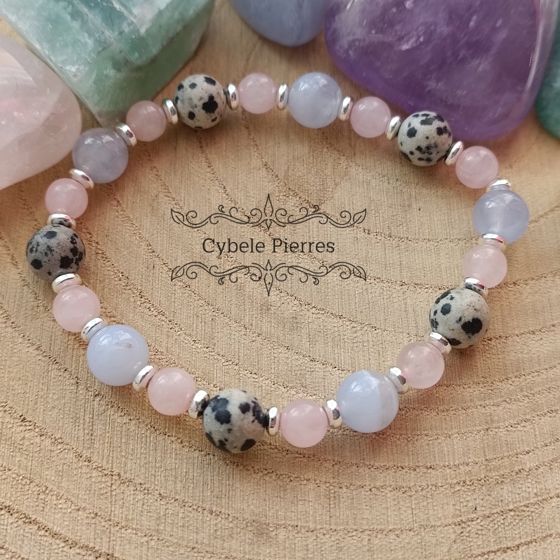 Bracelet Douceur extrême - Quartz rose, Jaspe Dalmatien et Calcédoine bleue (6 et 8mm) - 19cm - Cybele Pierres
