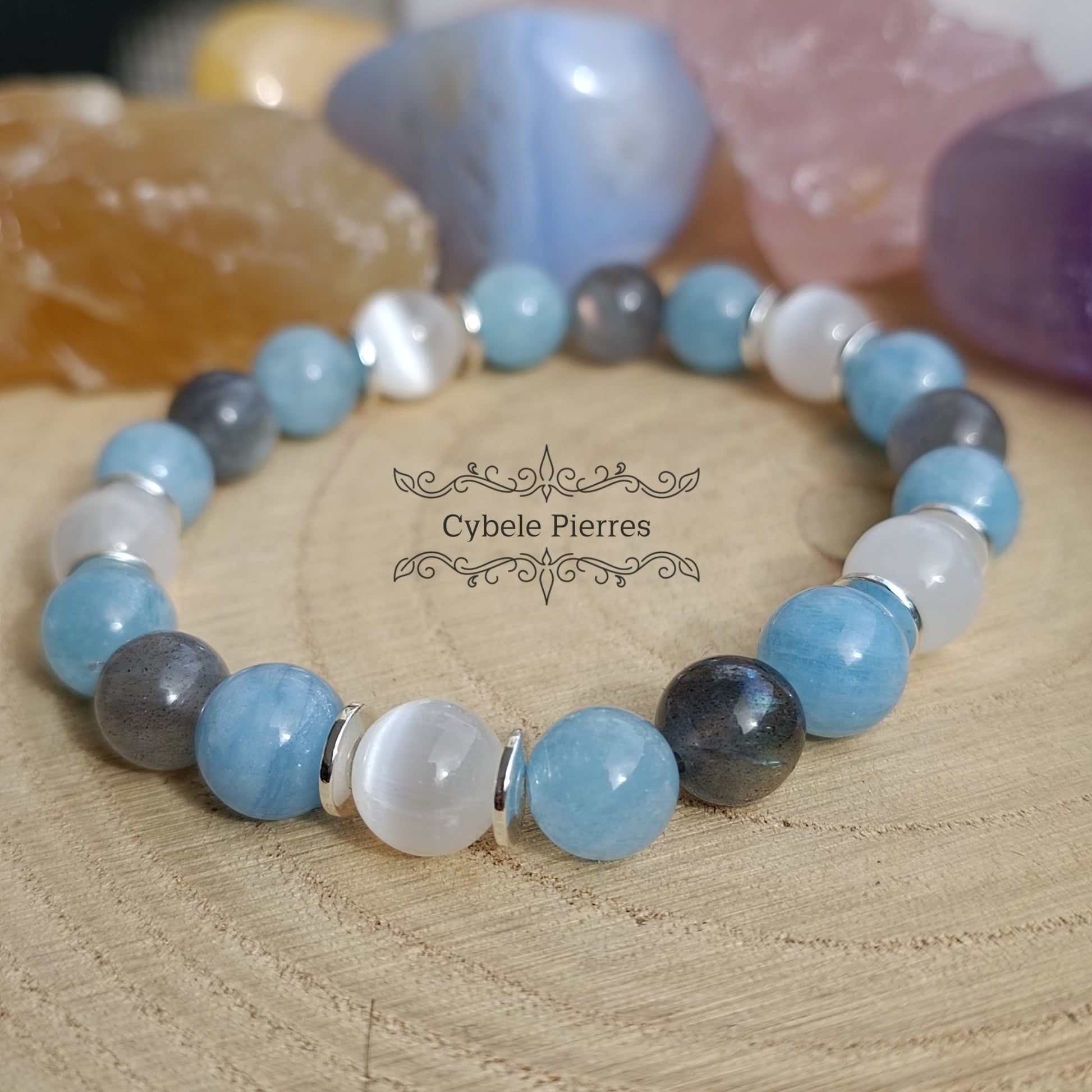 Bracelet "Doux Nuage" - Labradorite, Sélénite et Aigue - marine (8mm) - 18cm - Cybele Pierres