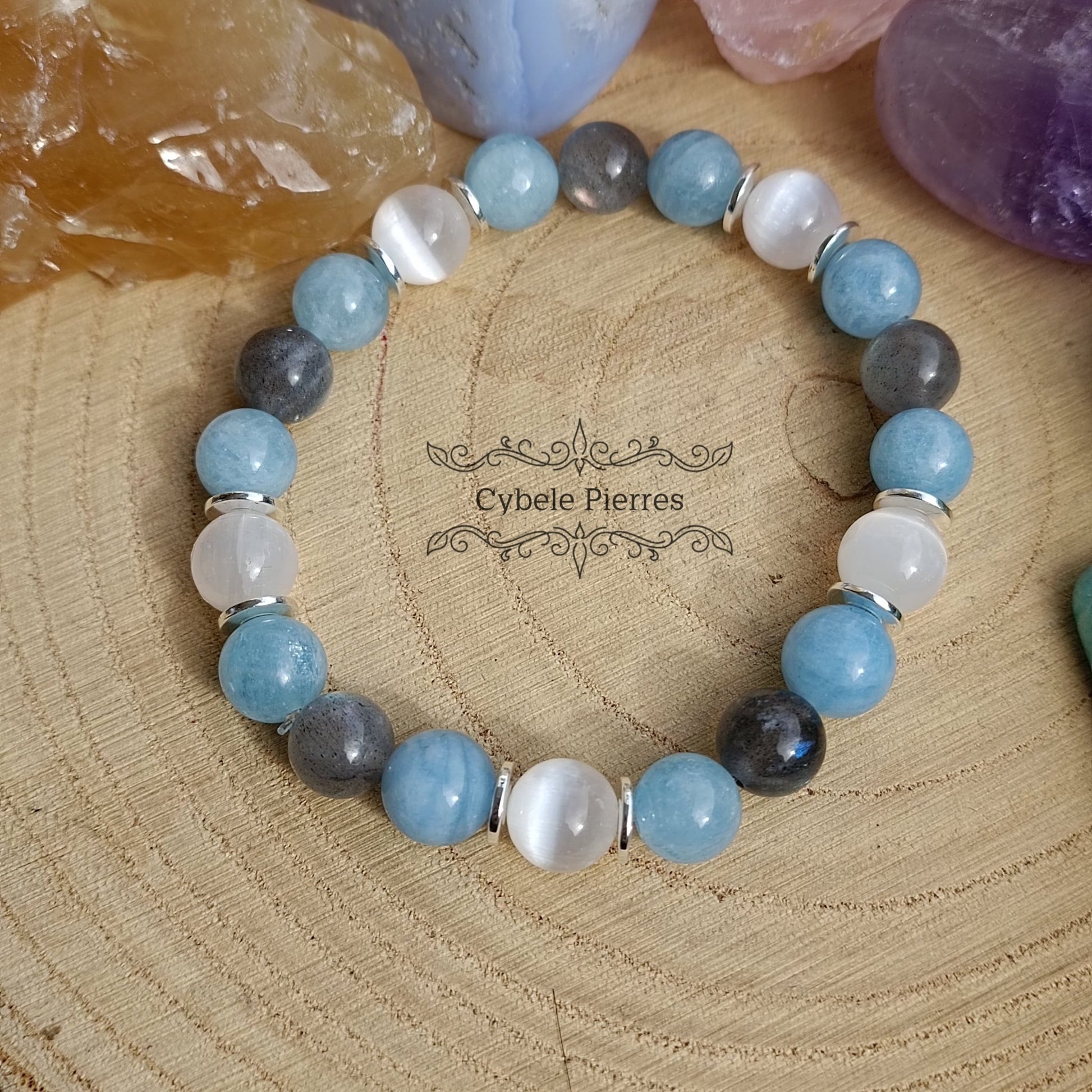 Bracelet "Doux Nuage" - Labradorite, Sélénite et Aigue - marine (8mm) - 18cm - Cybele Pierres