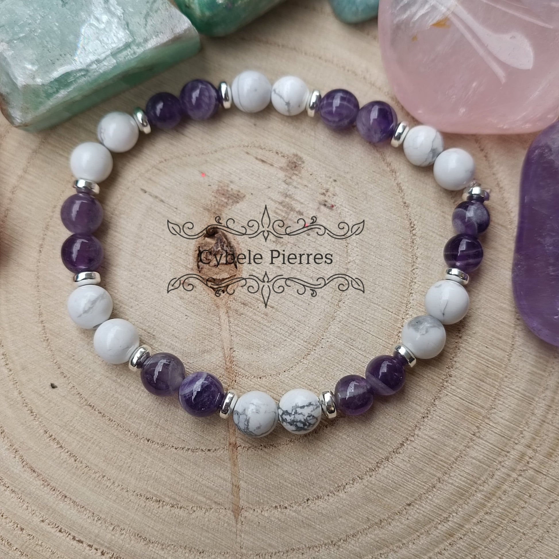 Bracelet Doux rêve - Améthyste et Howlite (6mm) - 18cm - Cybele Pierres