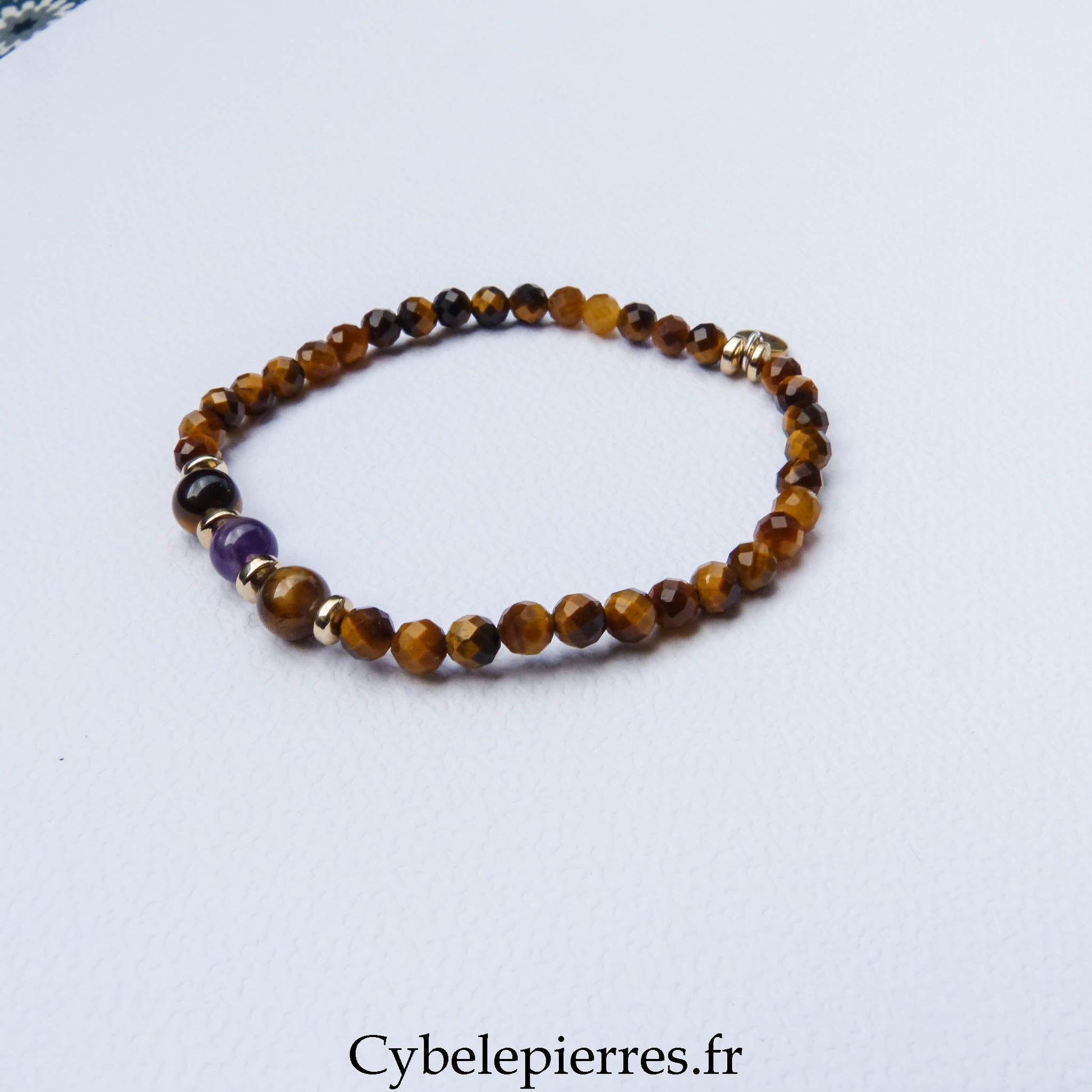 Bracelet Duo Signature – Œil de Tigre & Améthyste (6 mm) – 18 cm - Cybele Pierres