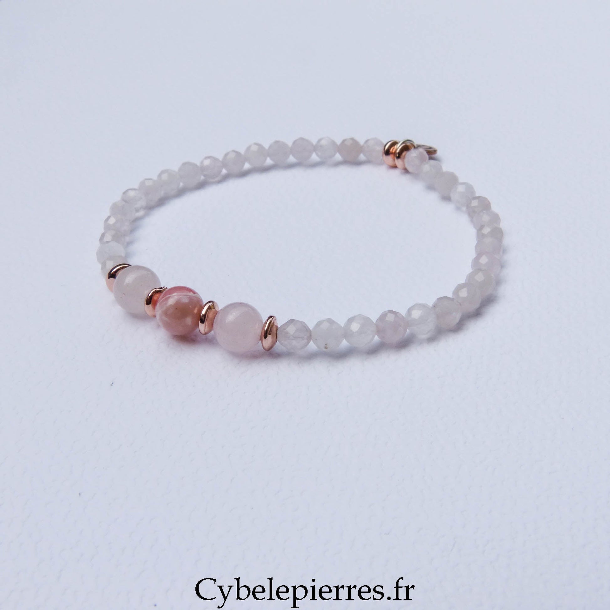 Bracelet Duo Signature – Quartz Rose & Opale Rose (6 mm) – 18 cm - Cybele Pierres