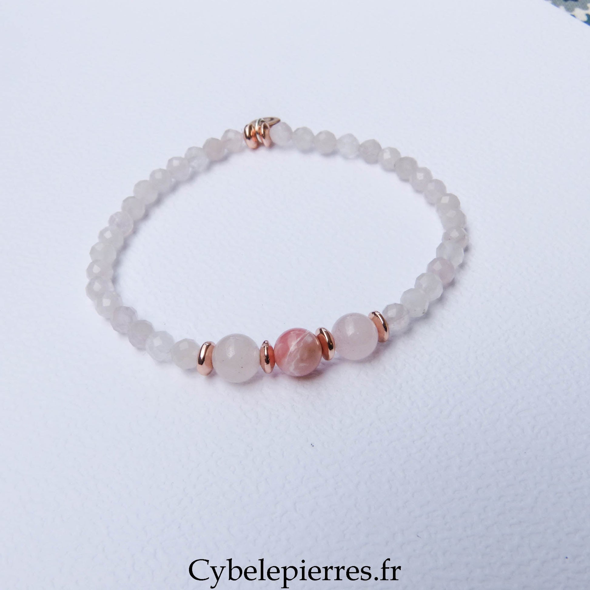 Bracelet Duo Signature – Quartz Rose & Opale Rose (6 mm) – 18 cm - Cybele Pierres