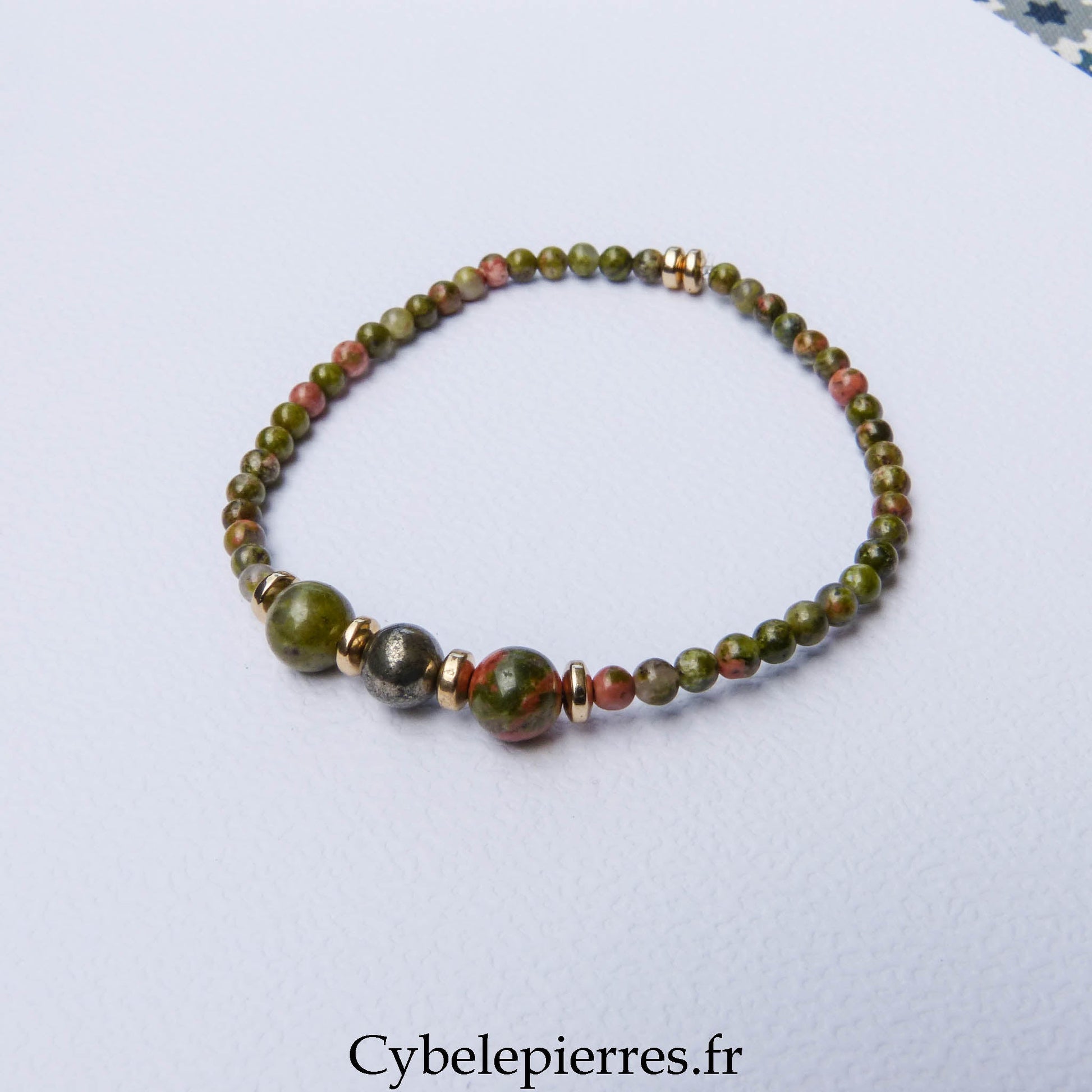 Bracelet Duo Signature – Unakite & Pyrite (6 mm) – 18 cm - Cybele Pierres