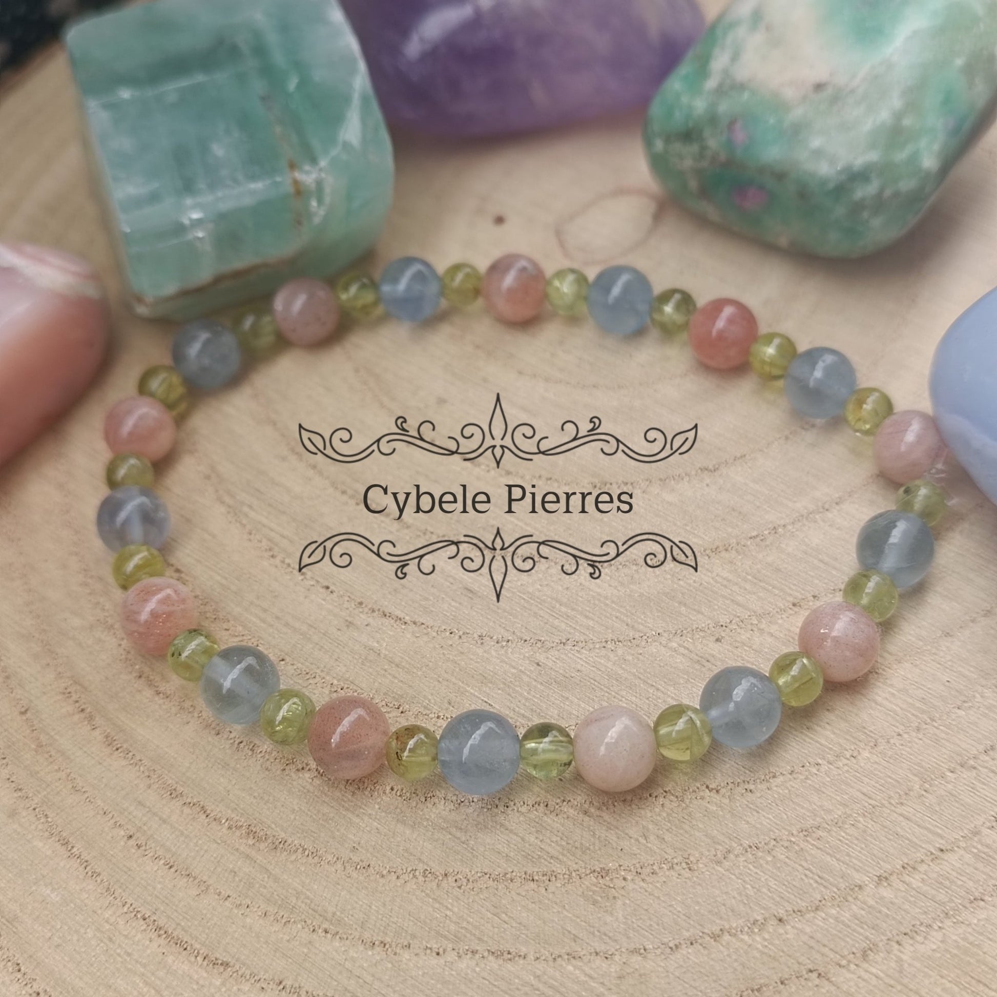 Bracelet Dynamisme et Abondance - Fluorite bleue, Pierre de Soleil et Péridot (4 et 6mm) - 19cm - Cybele Pierres