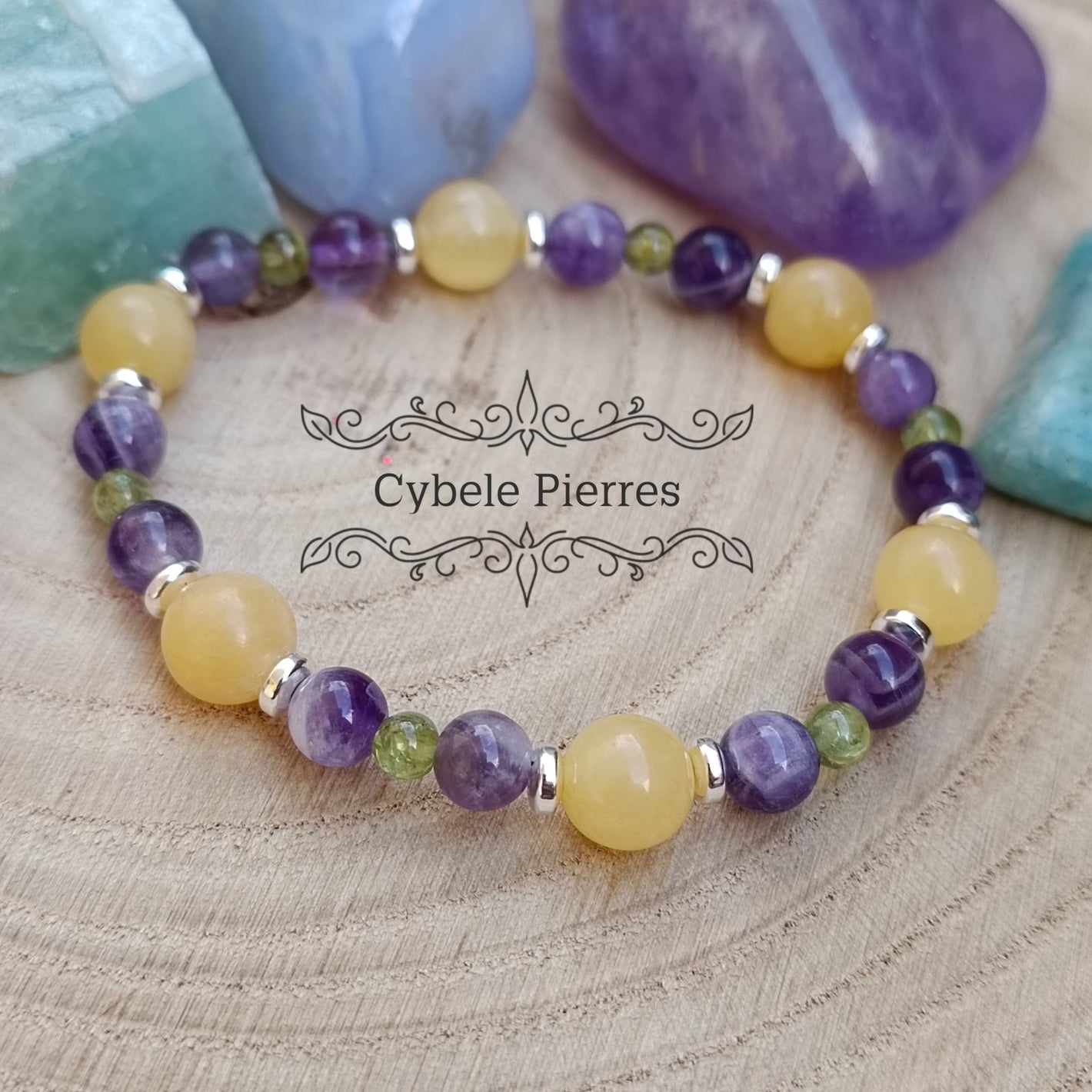 Bracelet Eclat de rire - Péridot, Améthyste et Calcite orange (3mm, 6mm et 8mm) - 17cm - Cybele Pierres