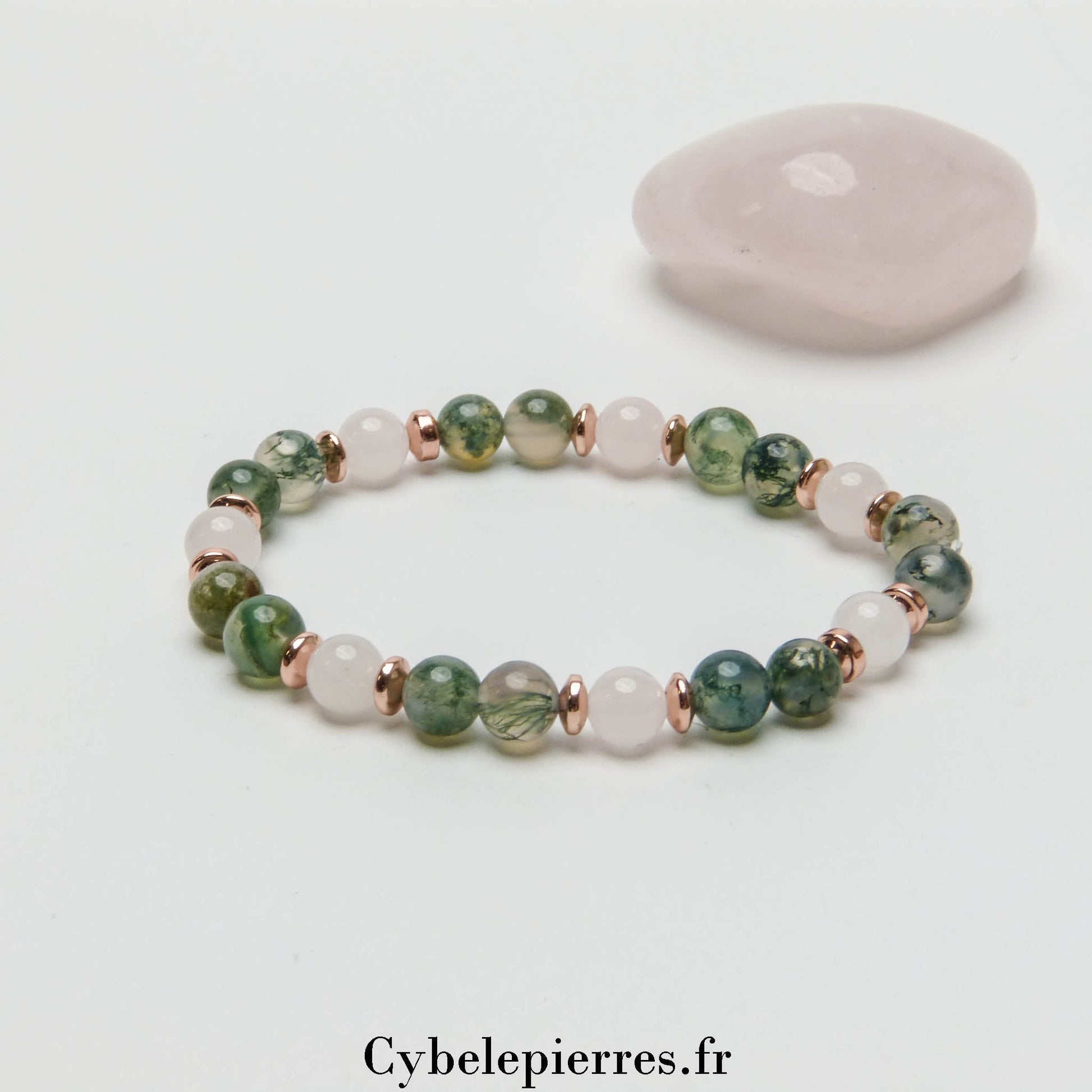 Bracelet Eclosion des projets - Agate mousse et Quartz Rose (6mm) - 18cm - Cybele Pierres