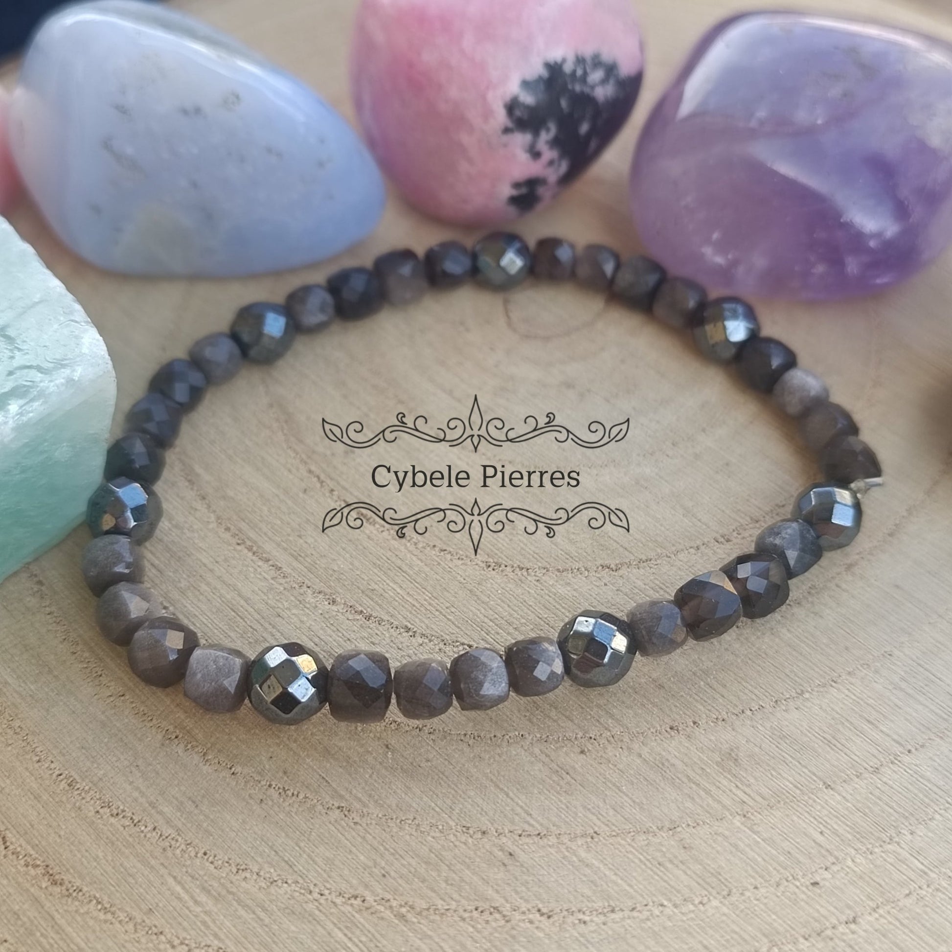 Bracelet Elégance - Obsidienne argentée facettée (3mm) - 17cm - Cybele Pierres
