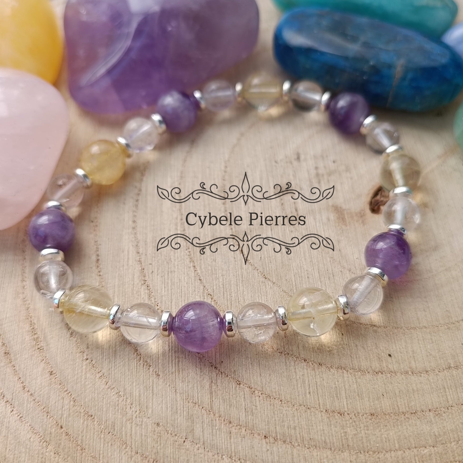 Bracelet Empathie - Citrine, Améthyste et Cristal de roche (6mm et 8mm) - 19cm - Cybele Pierres