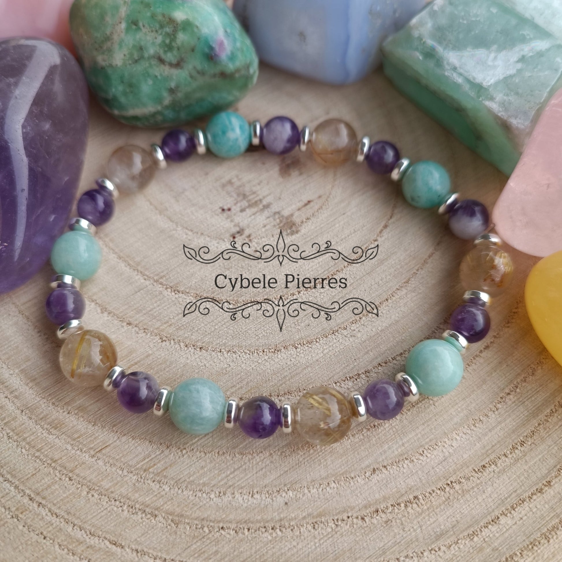 Bracelet "En route vers le succès" - Quartz rutile, Amazonite et Améthyste (6 et 8mm) - 18cm - Cybele Pierres