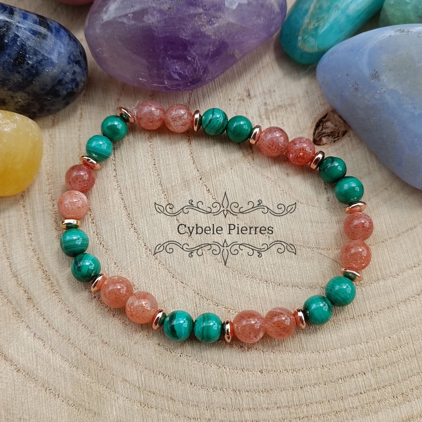 Bracelet Energie et Emotions - Malachite et Pierre de Soleil (6mm) - 17cm - Cybele Pierres