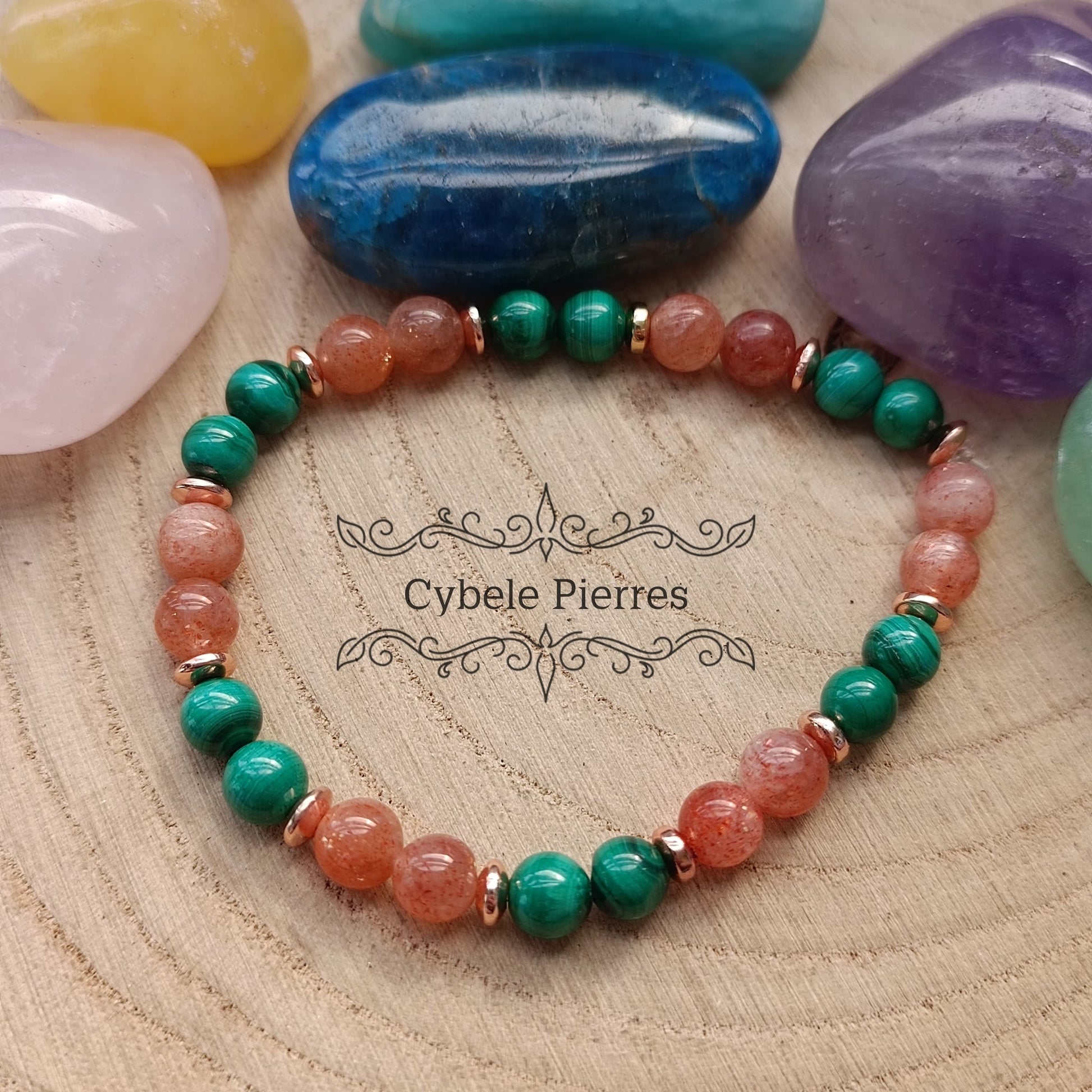 Bracelet Energie et Emotions - Malachite et Pierre de Soleil (6mm) - 17cm - Cybele Pierres